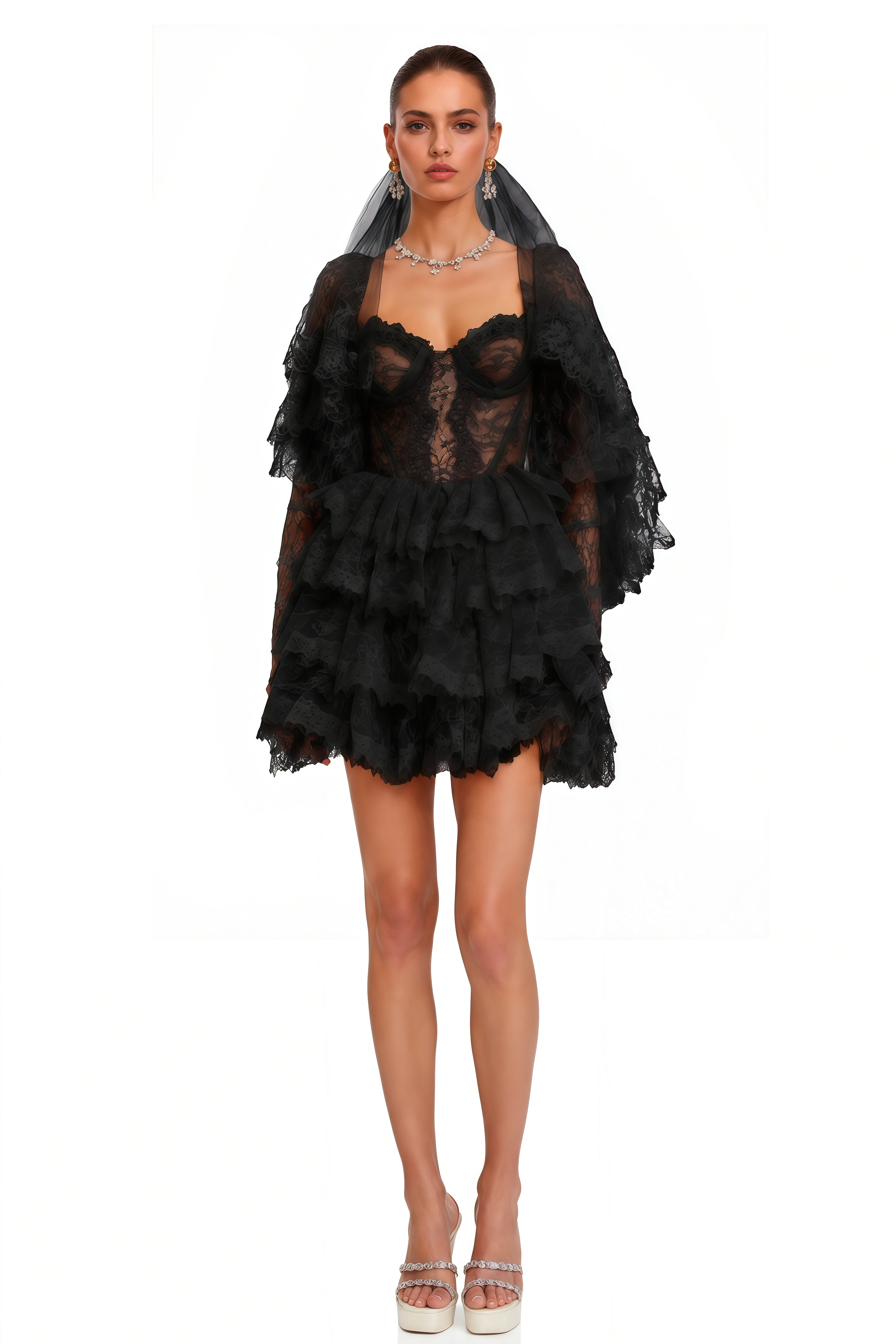 Nadine Black Semi-Sheer Mini Dress with Lace Trim