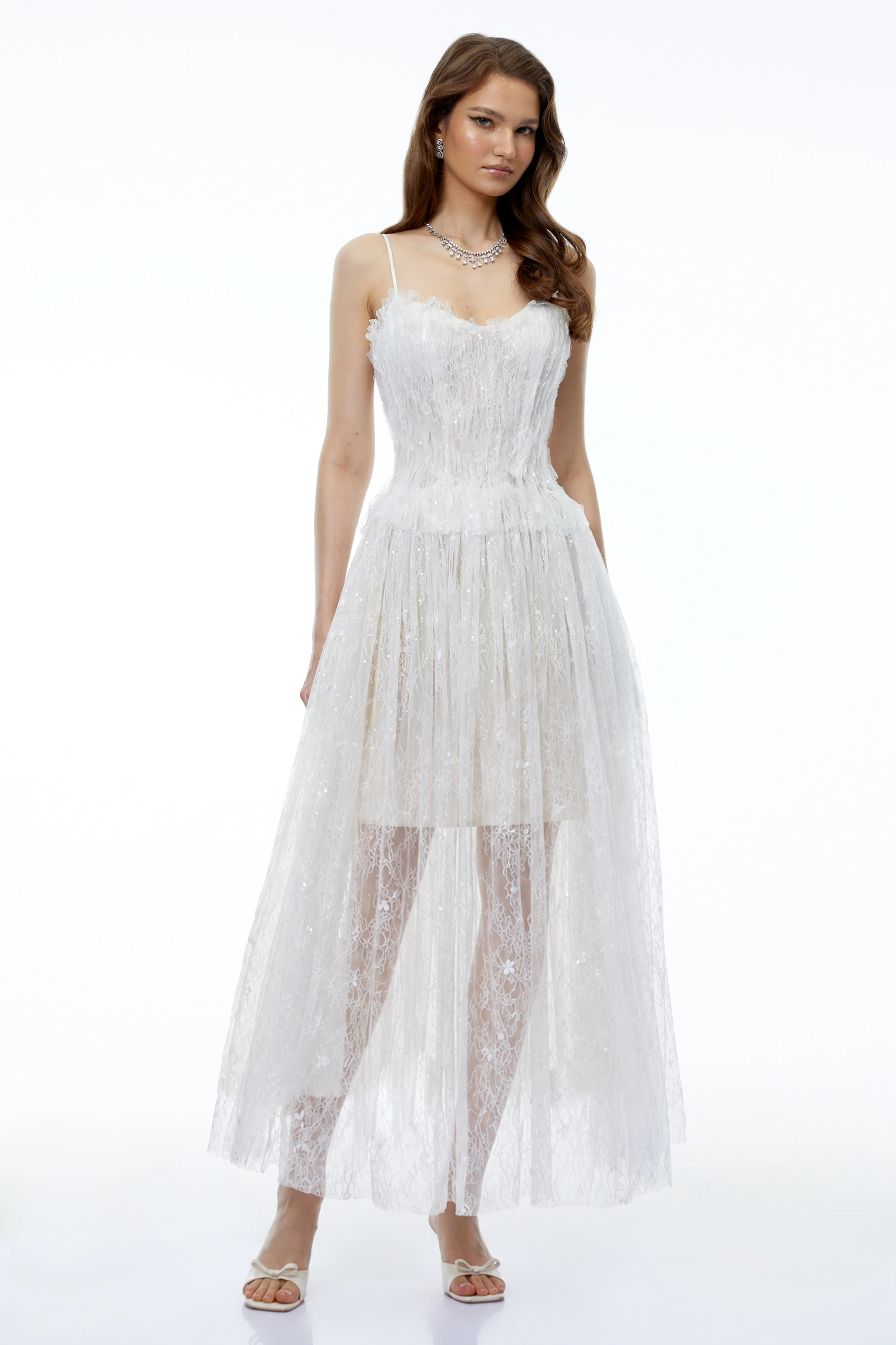 Nadir White Pleated Lace Maxi Dress