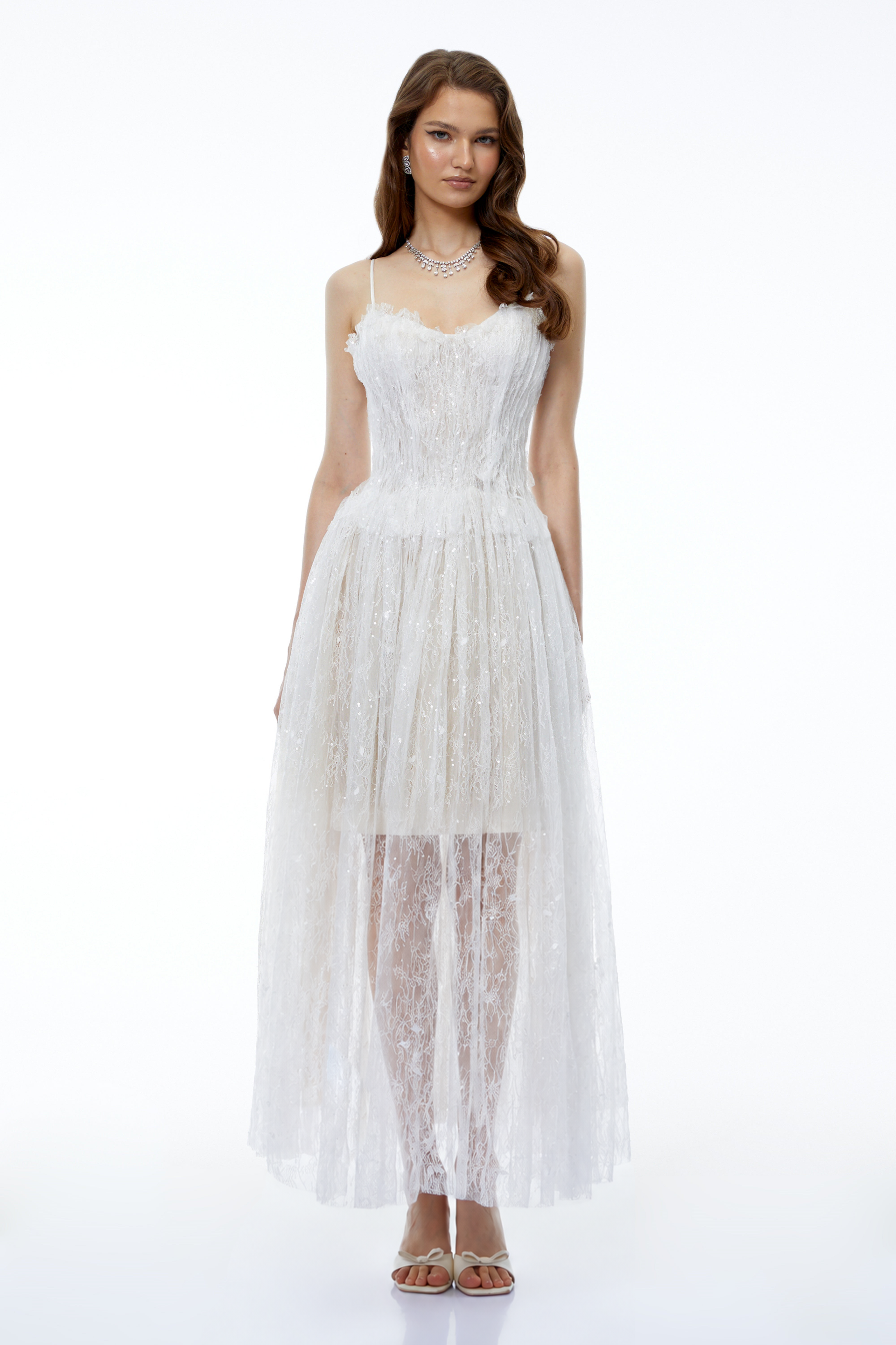 Nadir White Pleated Lace Maxi Dress