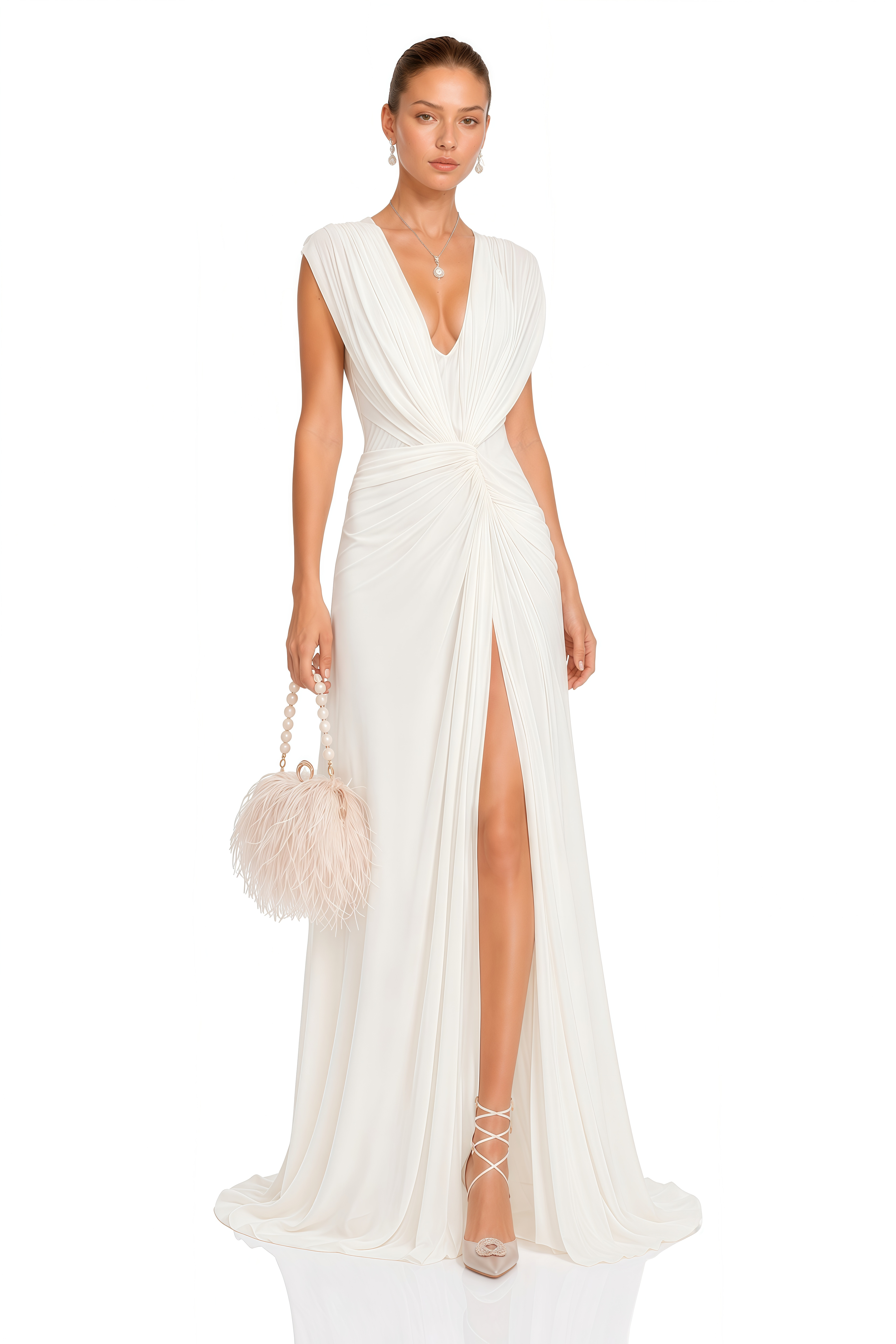 Nancy White Plunging Semi Sheer Maxi Dress With Slit