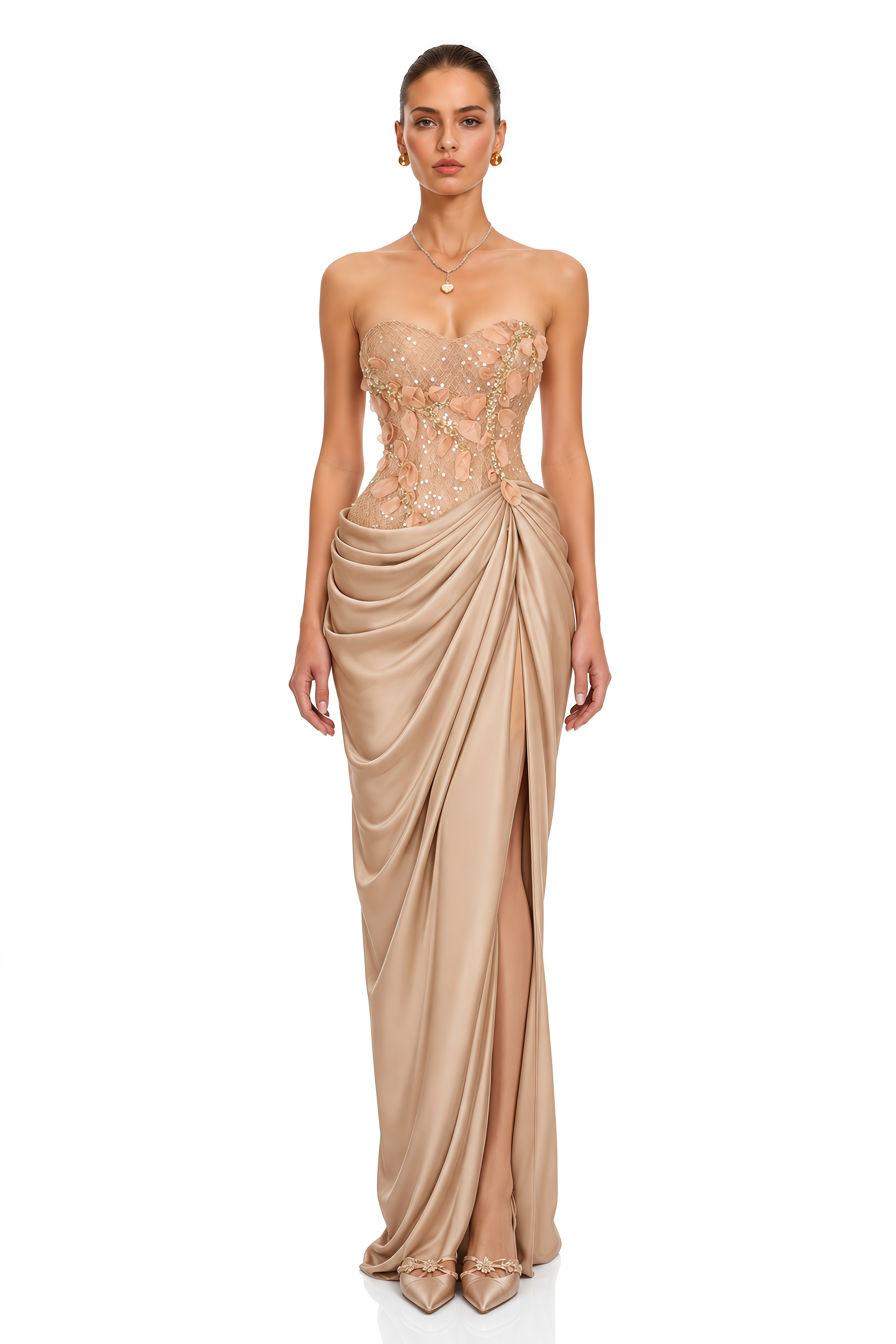 Nathalia Champagne Floral Applique Draped Maxi Dress