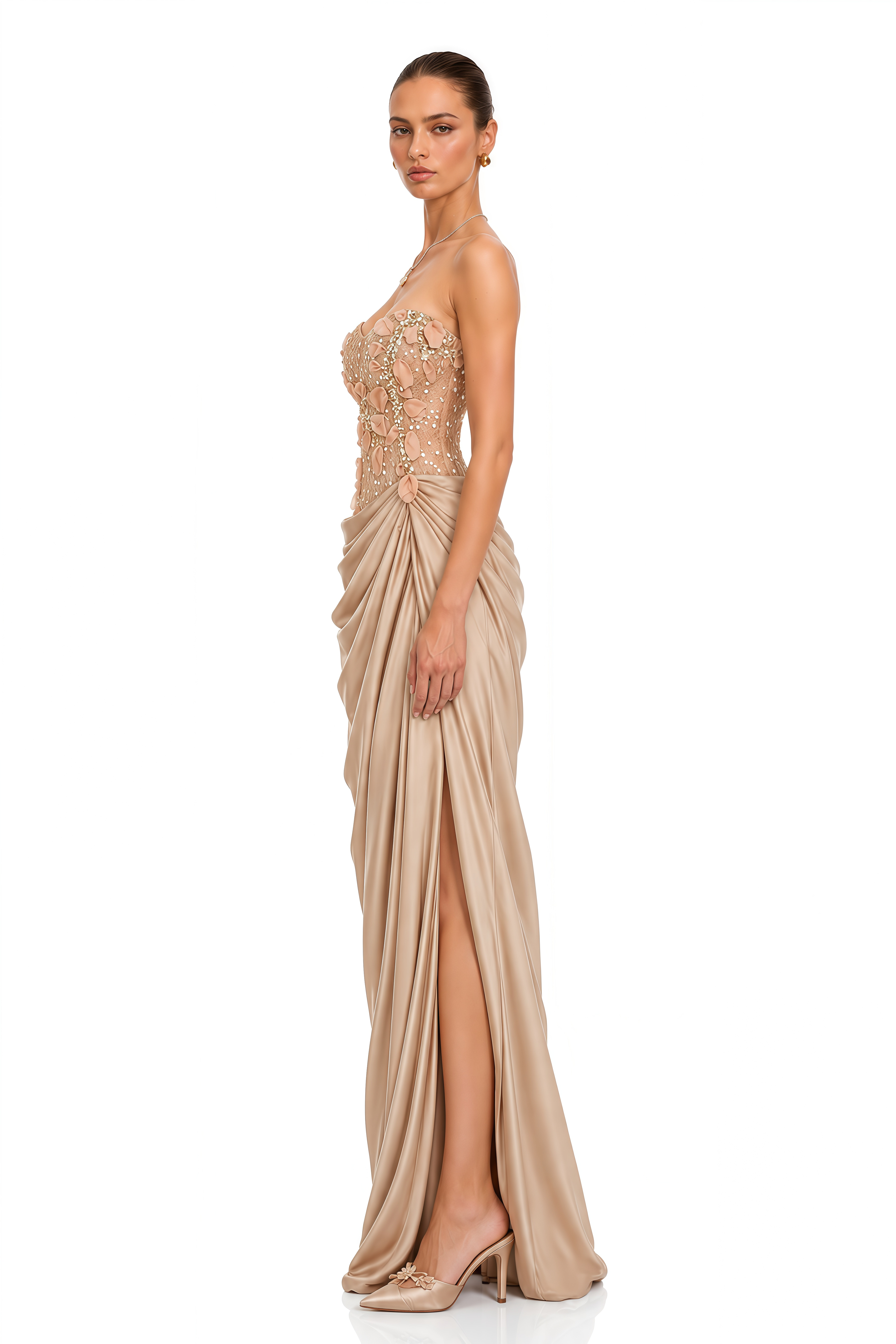 Nathalia Champagne Floral Applique Draped Maxi Dress