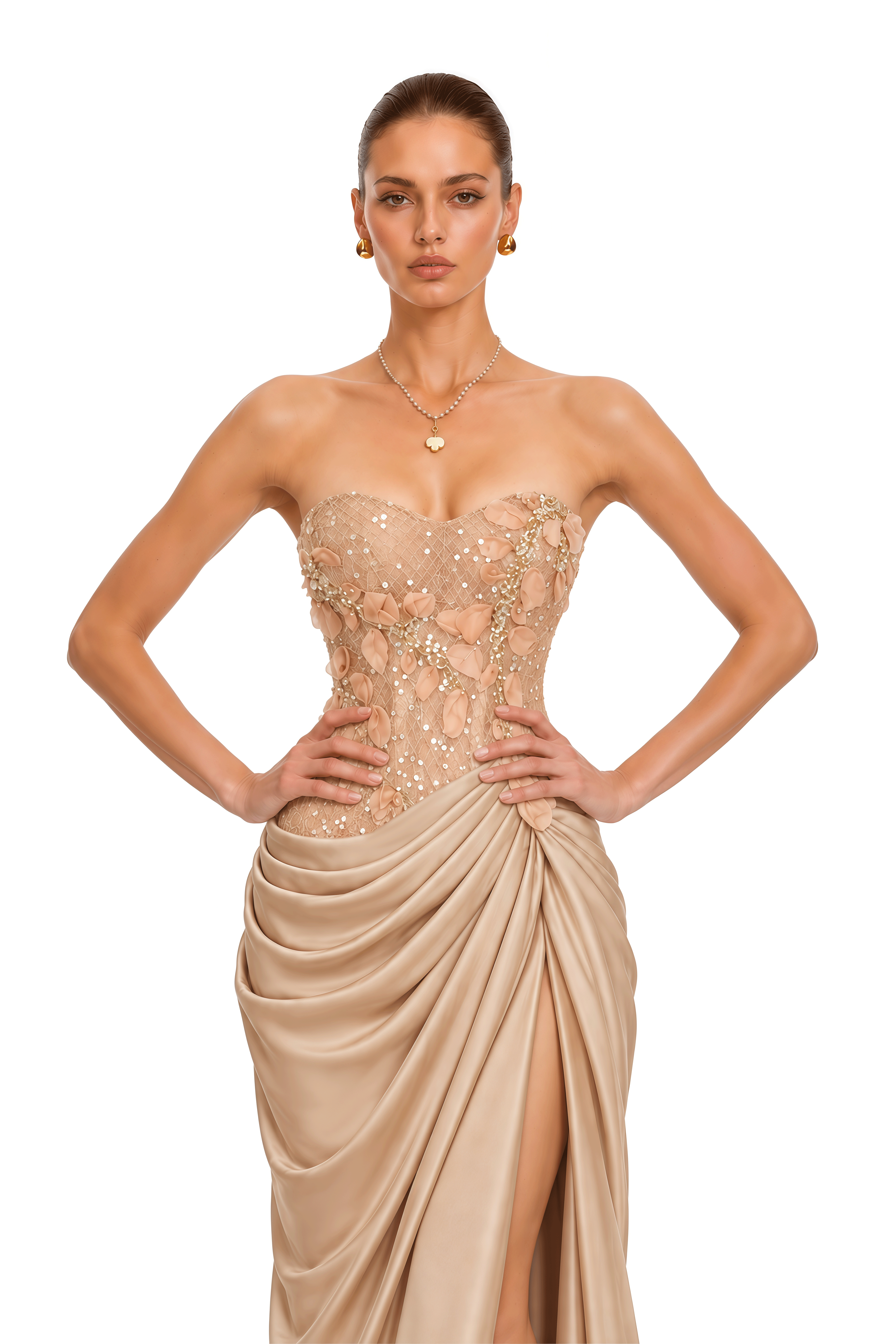 Nathalia Champagne Floral Applique Draped Maxi Dress