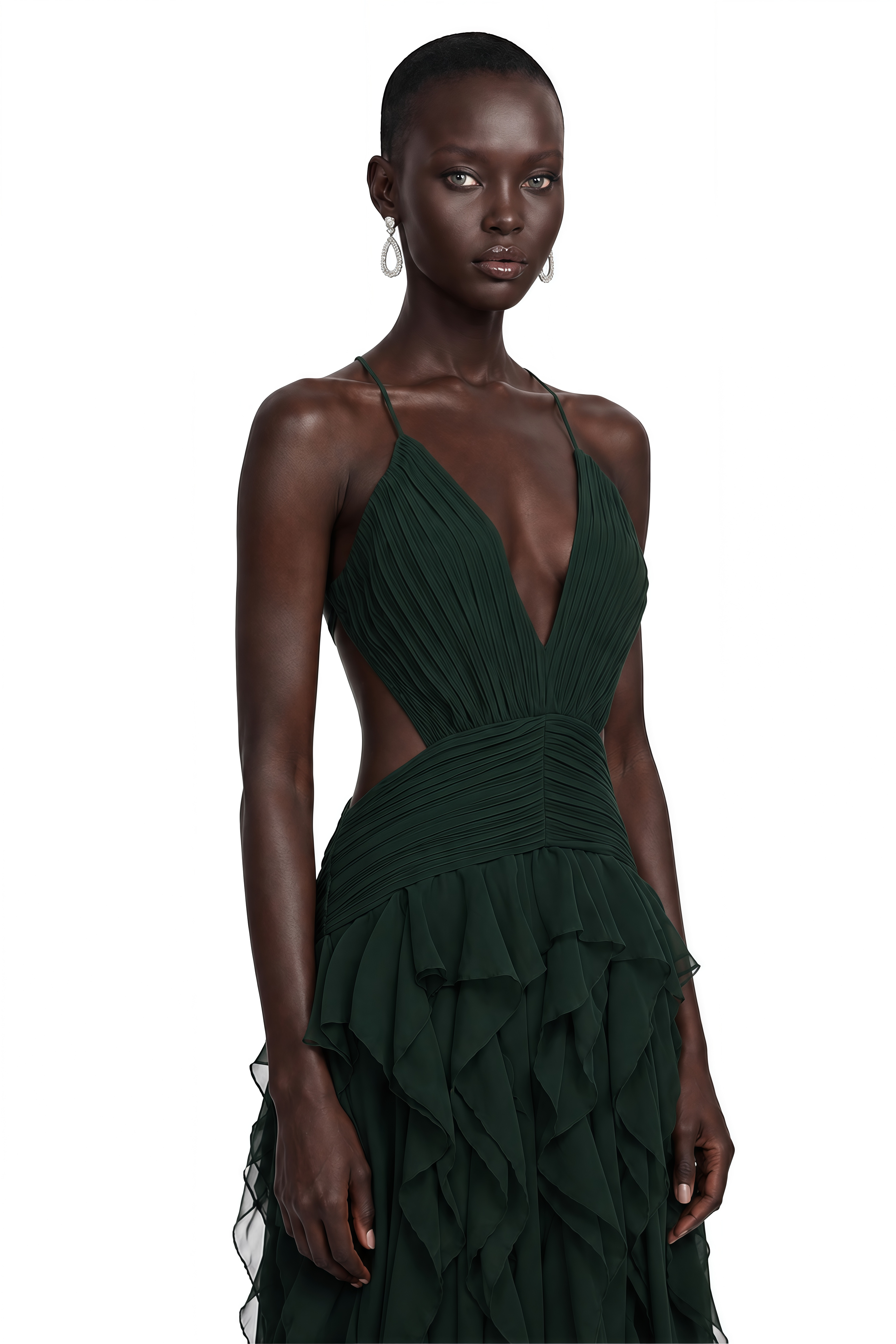 Nathalie Green Plunge Neck Ruffled Maxi Dress