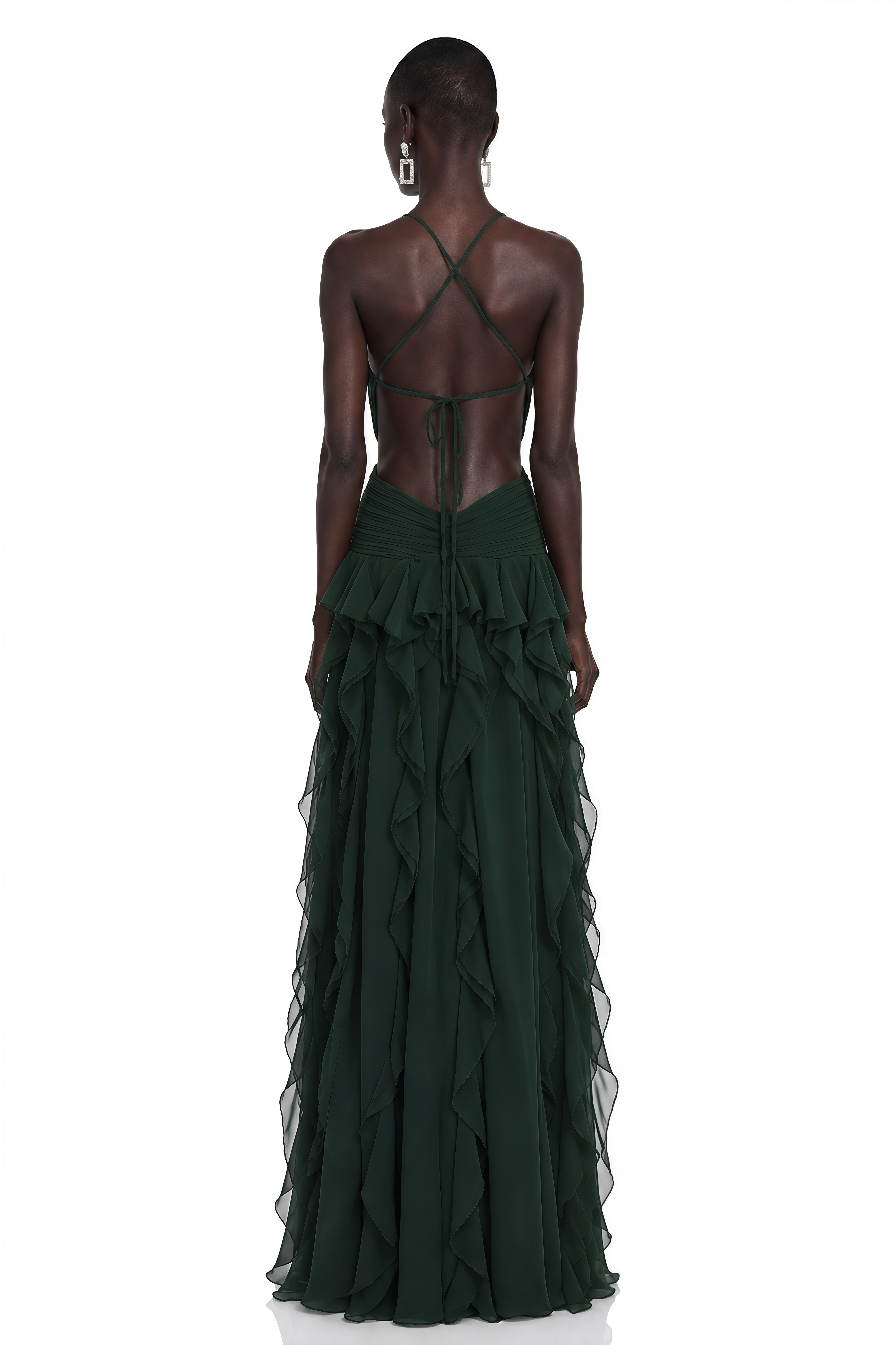 Nathalie Green Plunge Neck Ruffled Maxi Dress