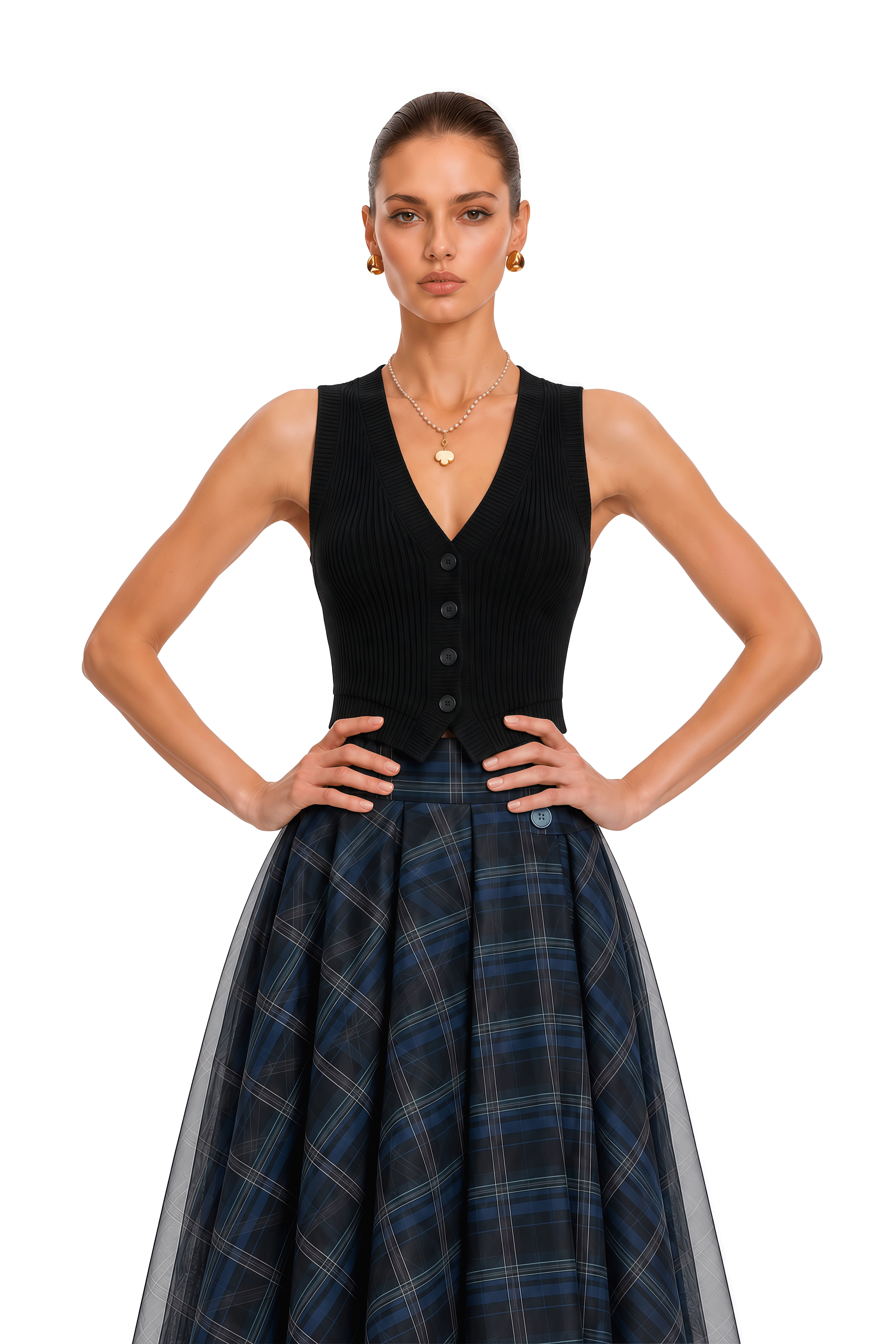 Naya Blue Plaid Asymmetrical Midi Skirt
