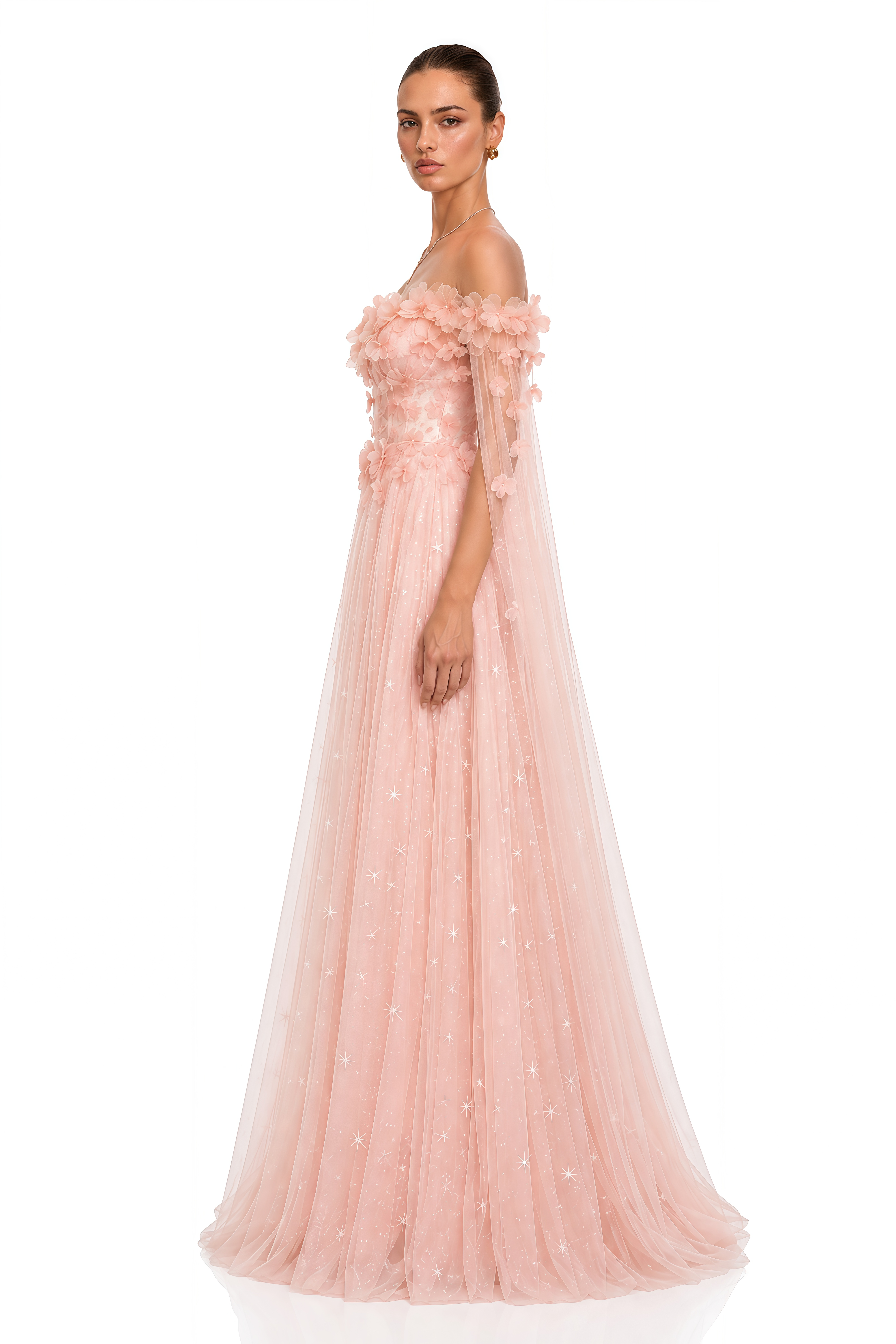 Naylah Pink Floral Applique Off Shoulder Tulle Maxi Dress