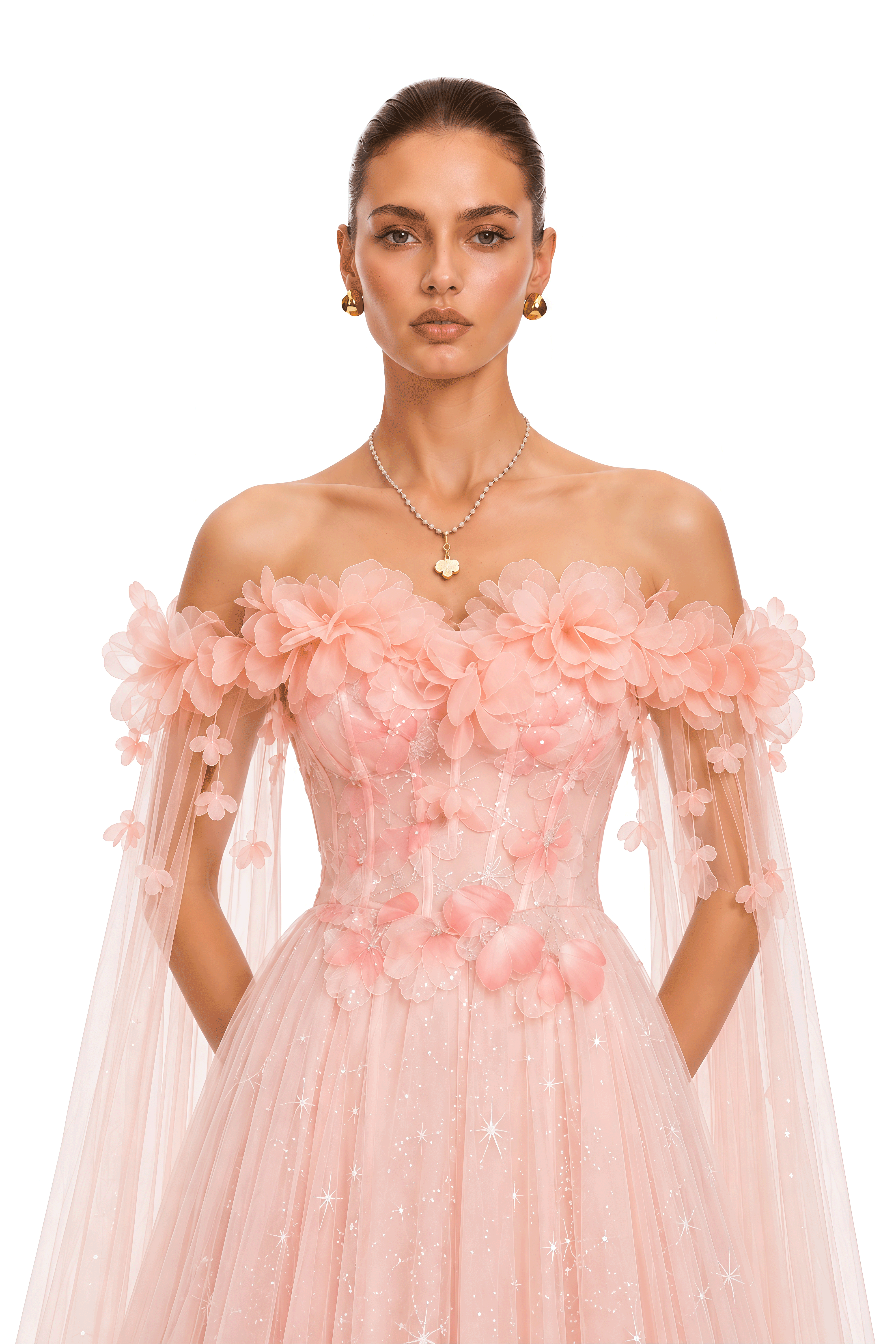 Naylah Pink Floral Applique Off Shoulder Tulle Maxi Dress
