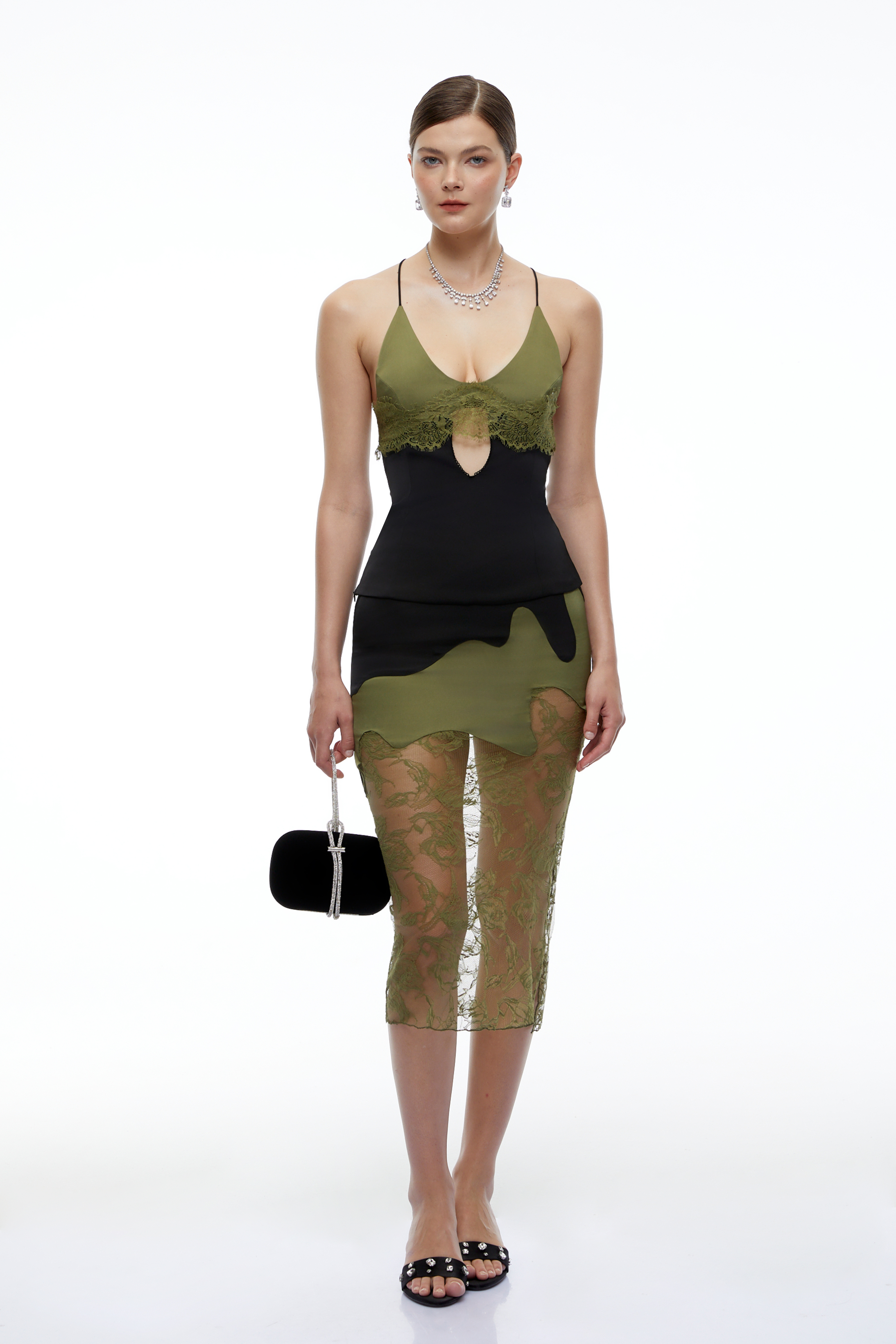 Naylani Olive Green Lace Spaghetti Strap Top & Skirt Set