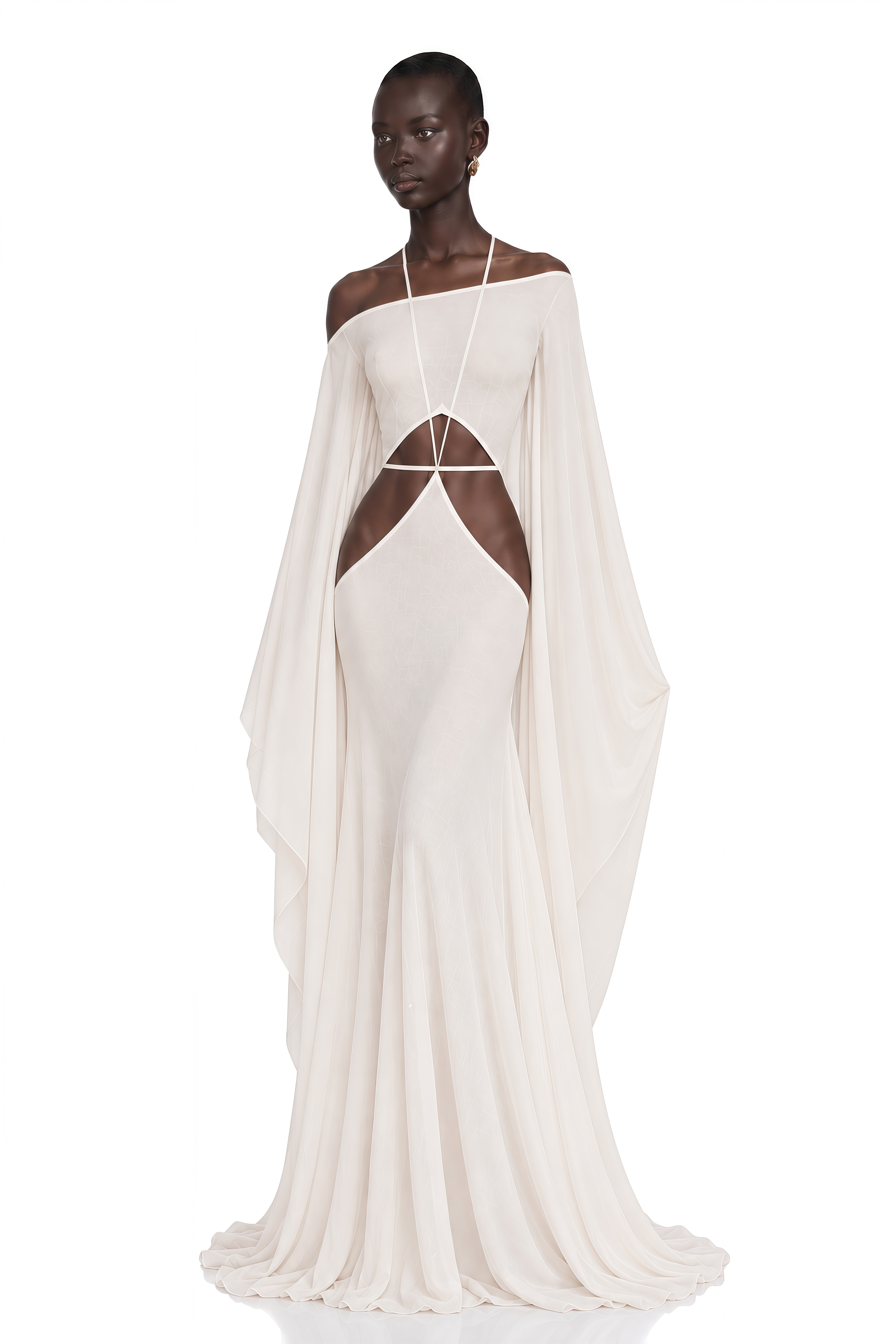 Neila White Off Shoulder Cut-Out Flared Sleeve Maxi Dress
