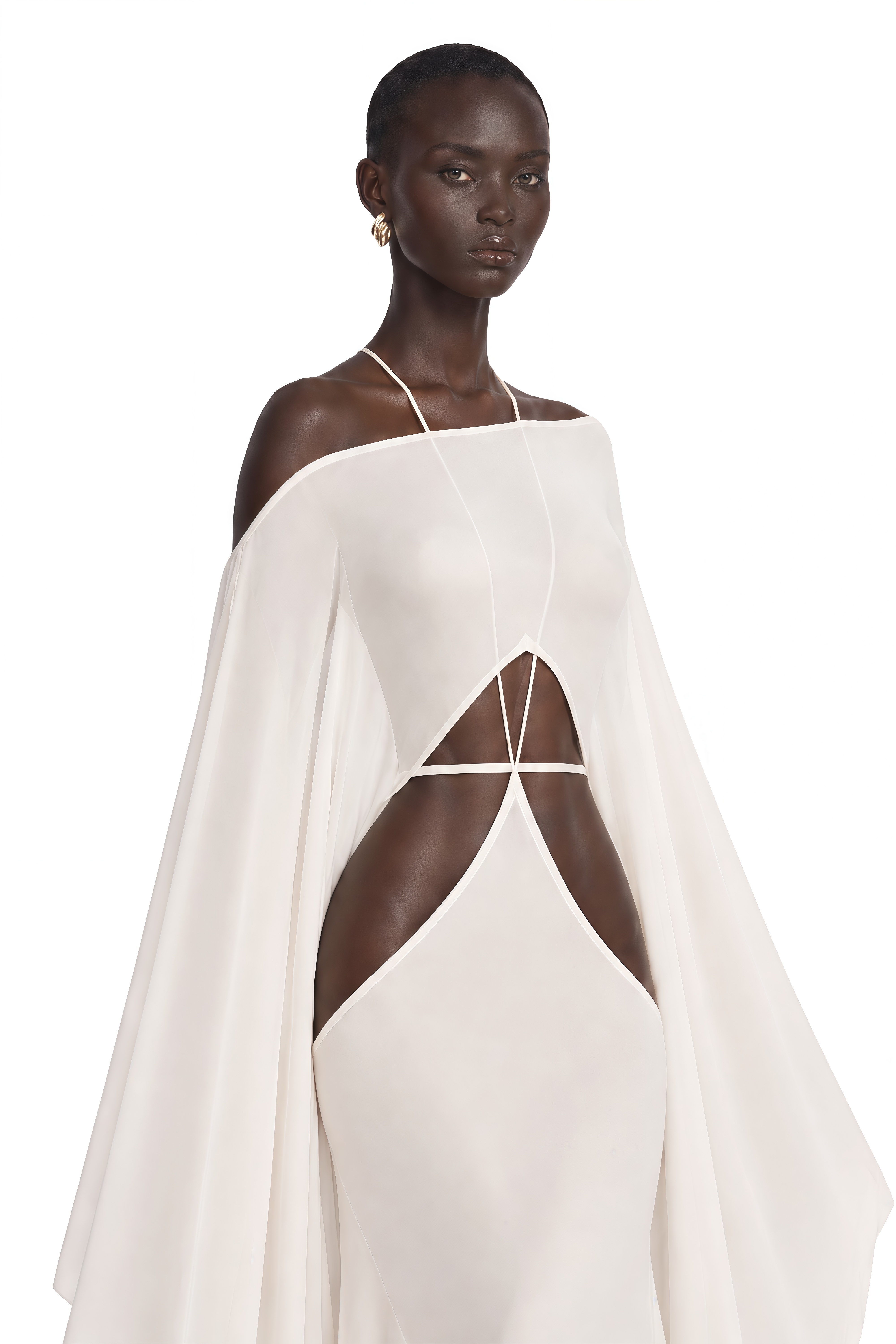 Neila White Off Shoulder Cut-Out Flared Sleeve Maxi Dress