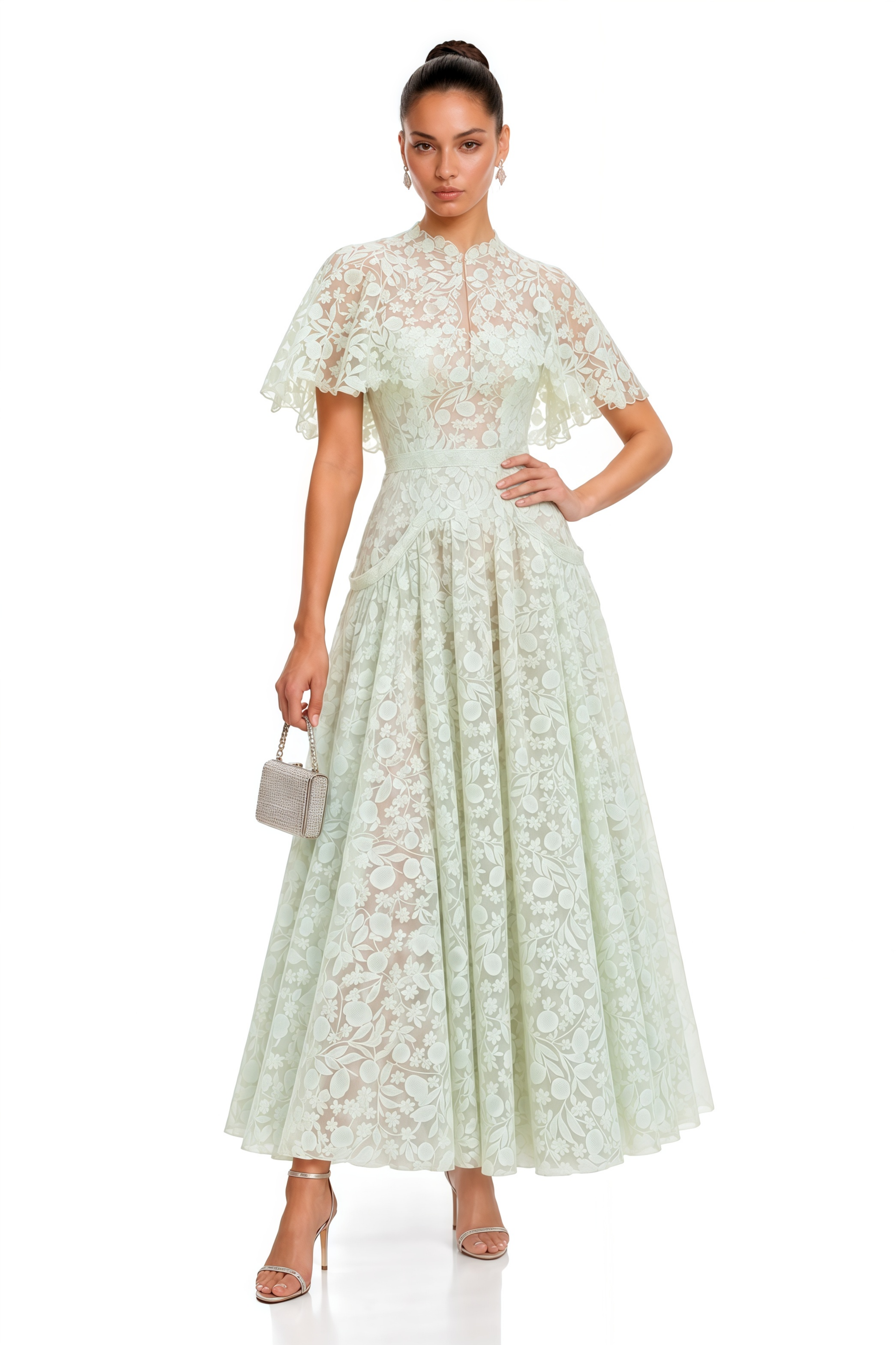Nela Green Pleated Maxi Dress with Lace Cape
