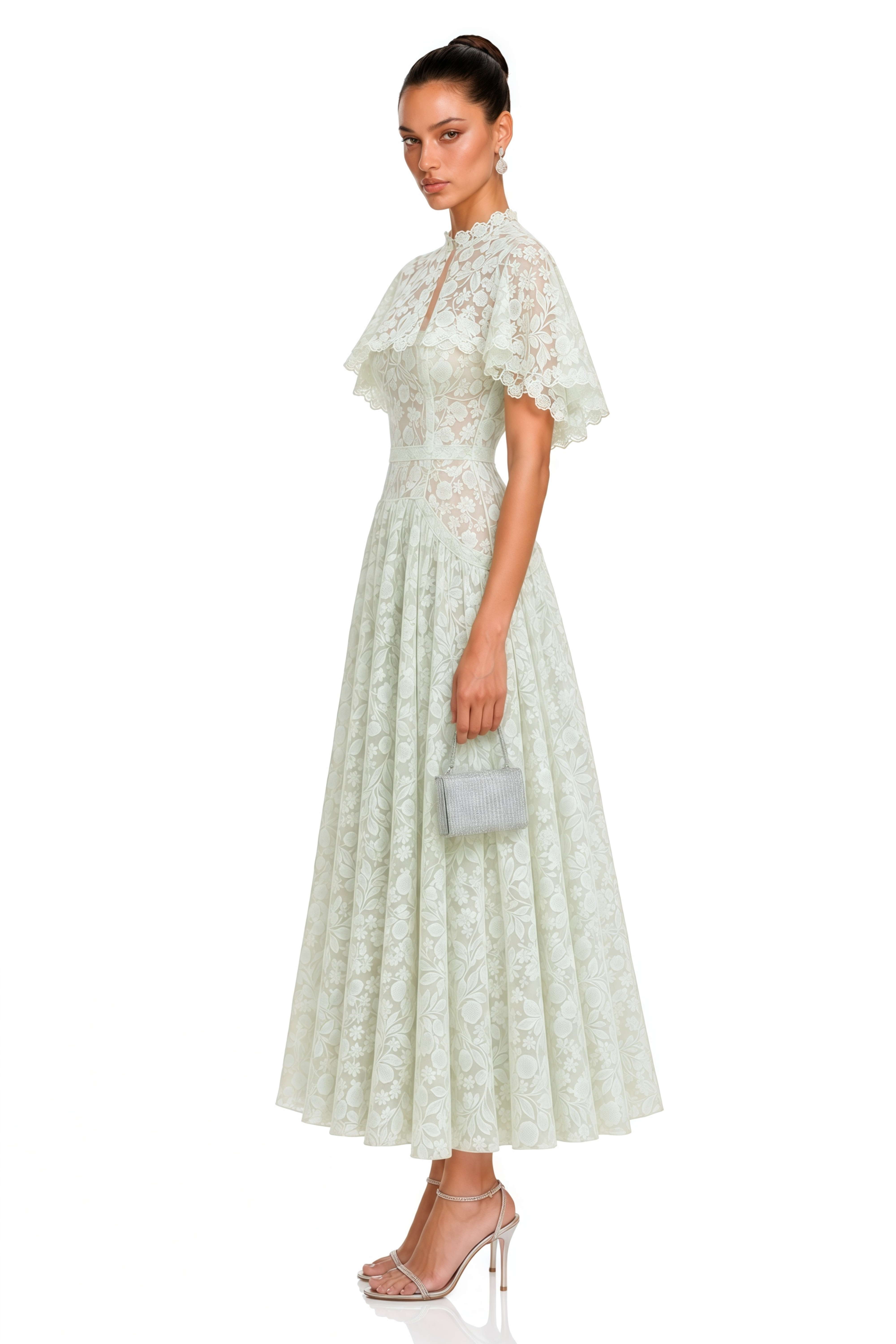 Nela Green Pleated Maxi Dress with Lace Cape