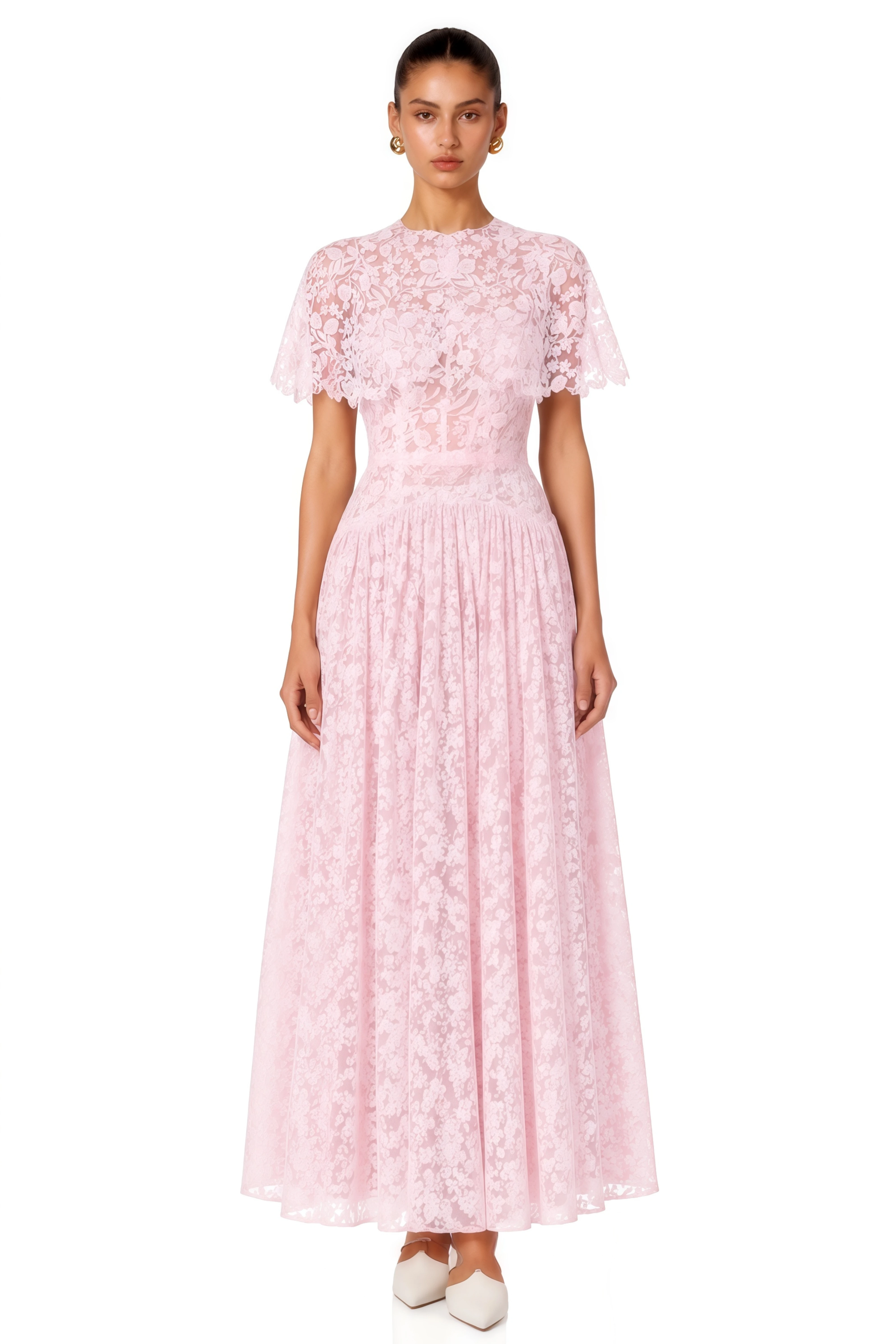 Nela Pink Pleated Maxi Dress with Lace Cape