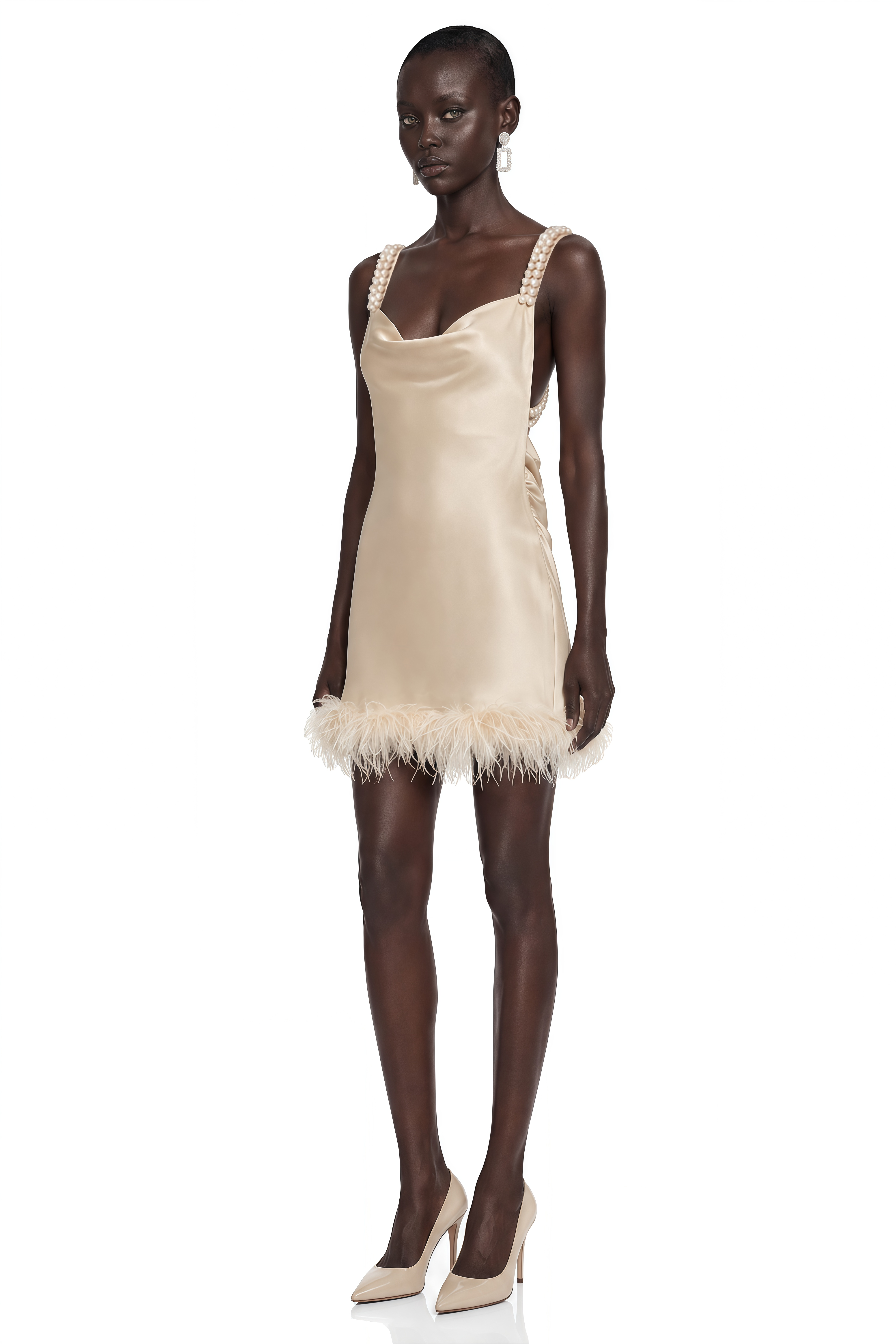 Nella Khaki Satin Pearl Strap Feather Trim Mini Dress