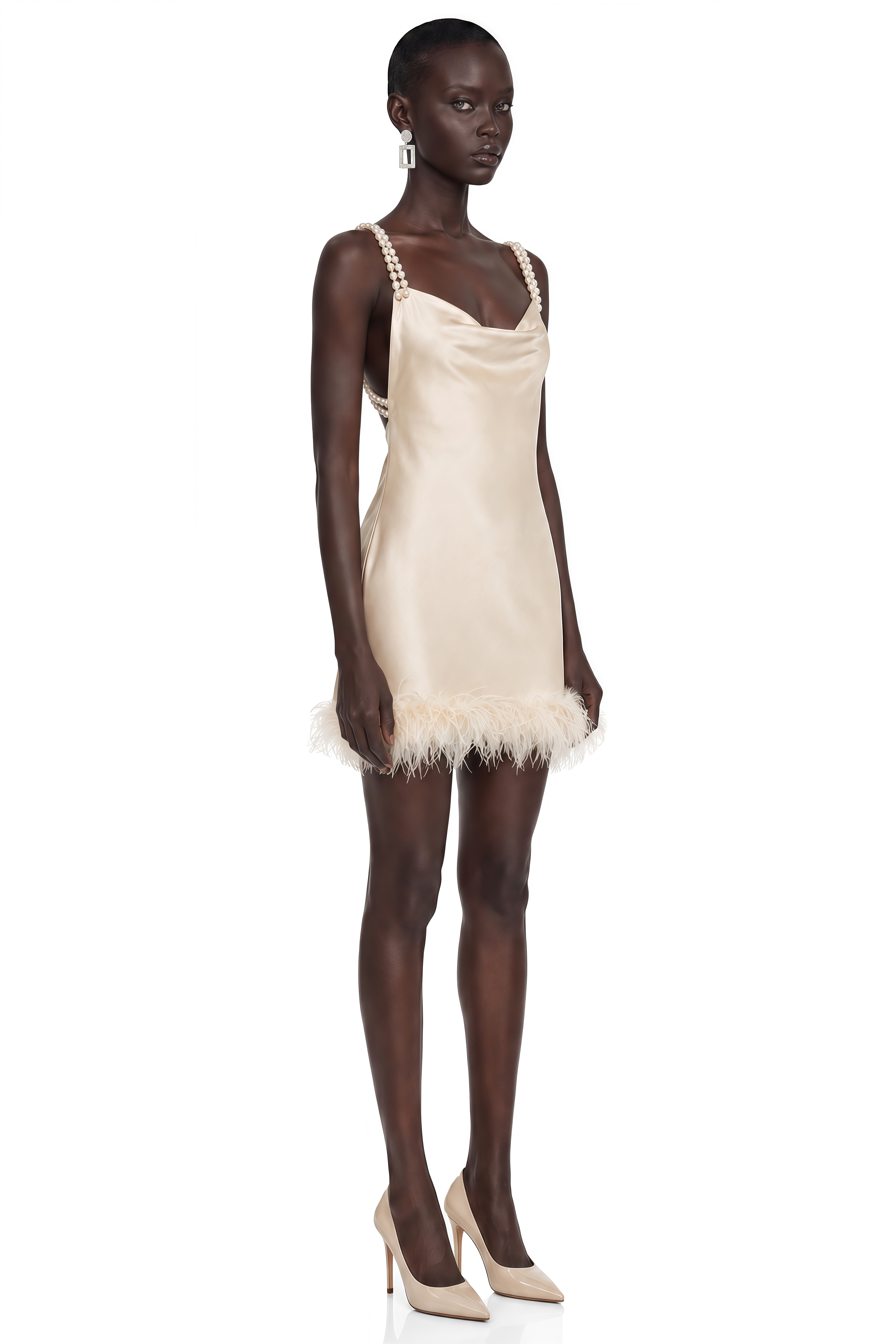 Nella Khaki Satin Pearl Strap Feather Trim Mini Dress