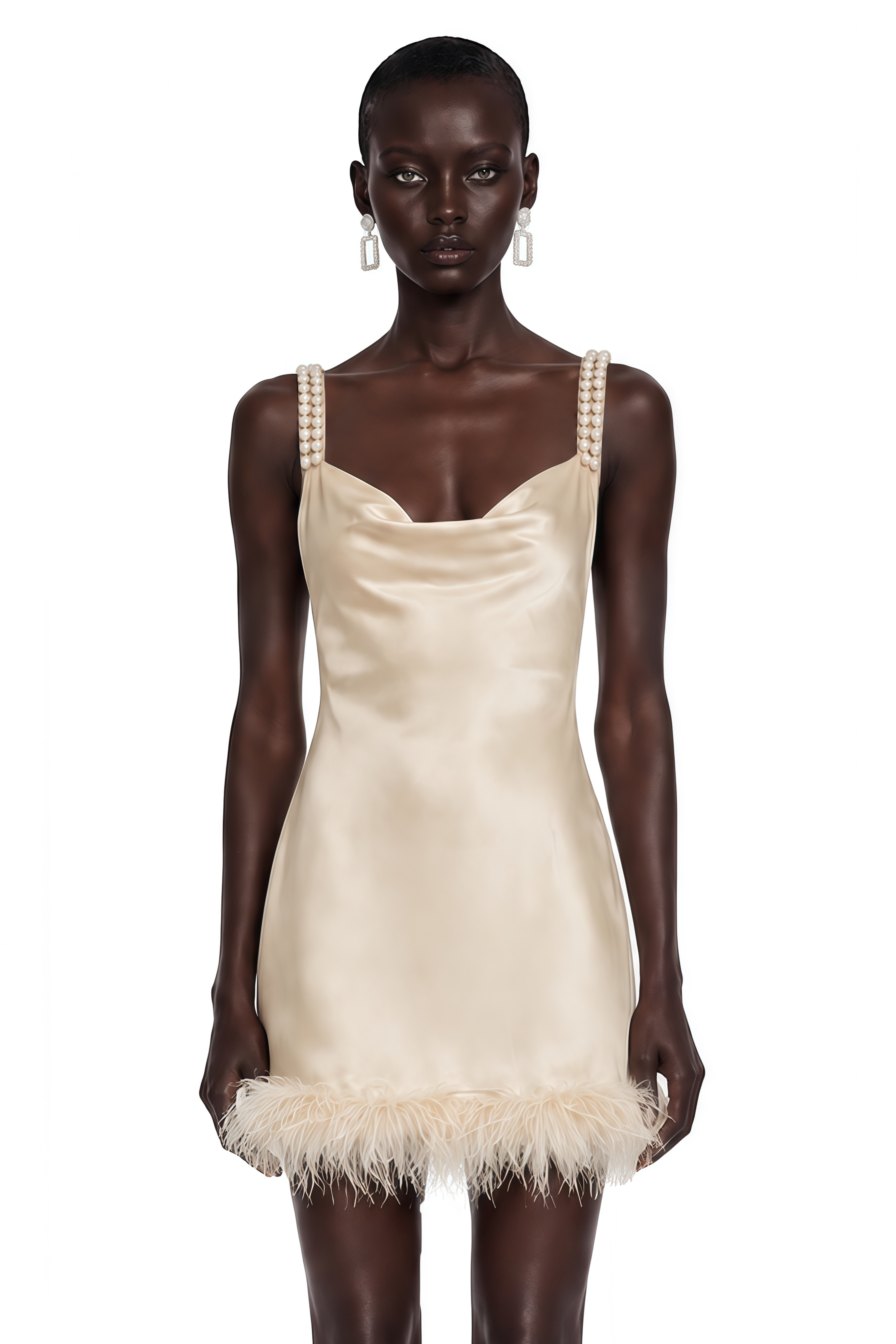 Nella Khaki Satin Pearl Strap Feather Trim Mini Dress