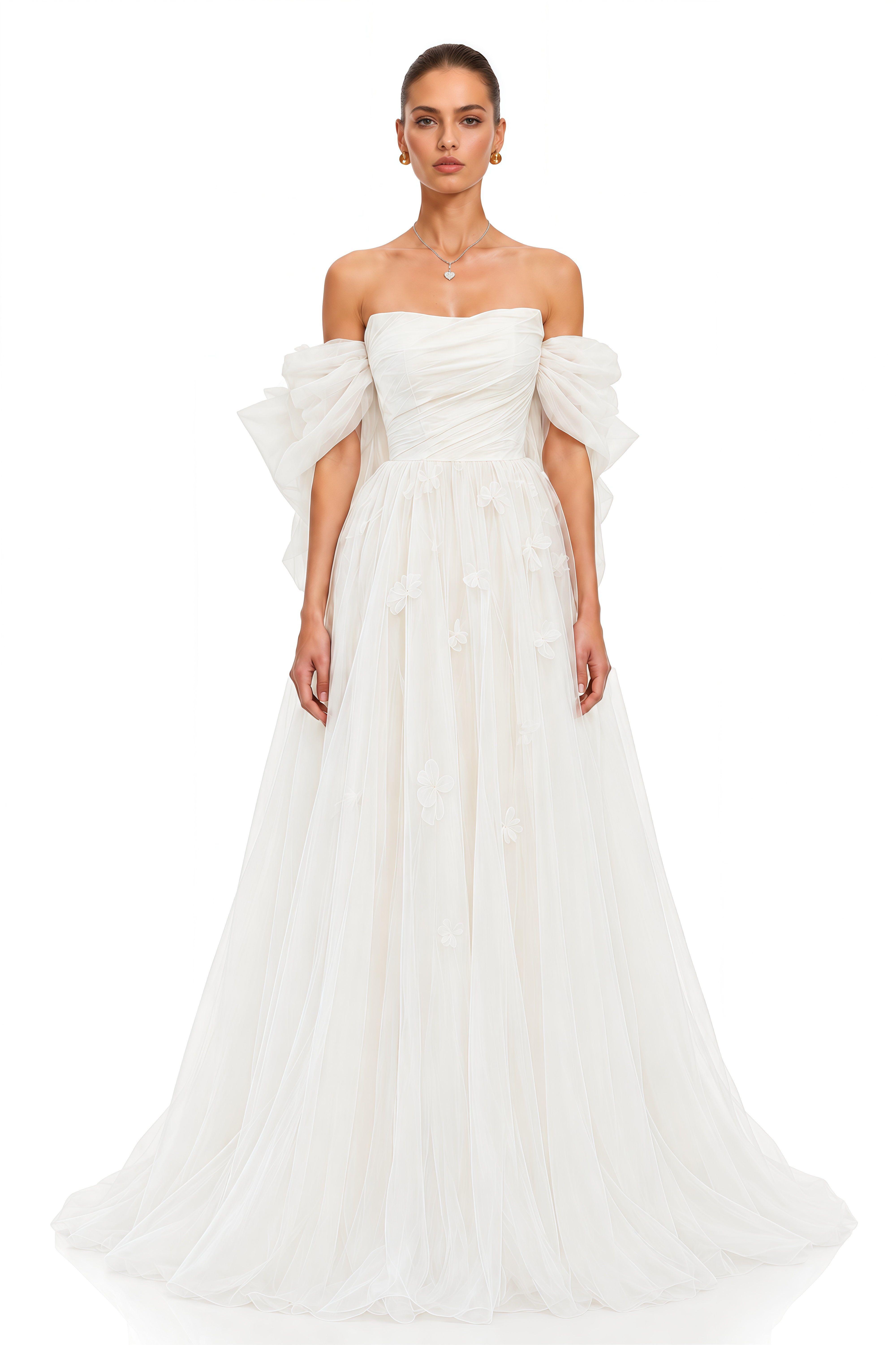 Nellie White 3D Floral Off Shoulder Tulle Maxi Dress