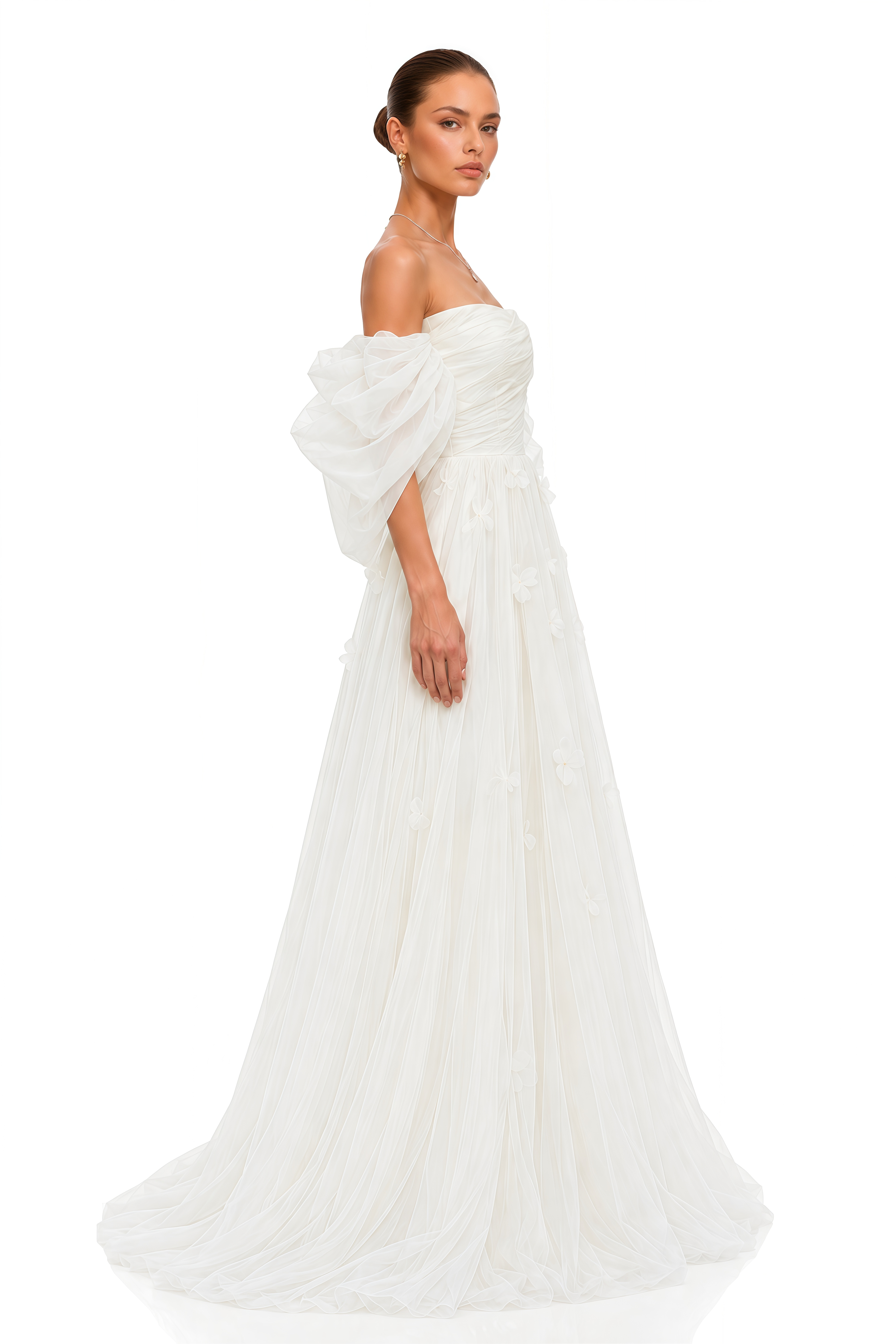 Nellie White 3D Floral Off Shoulder Tulle Maxi Dress