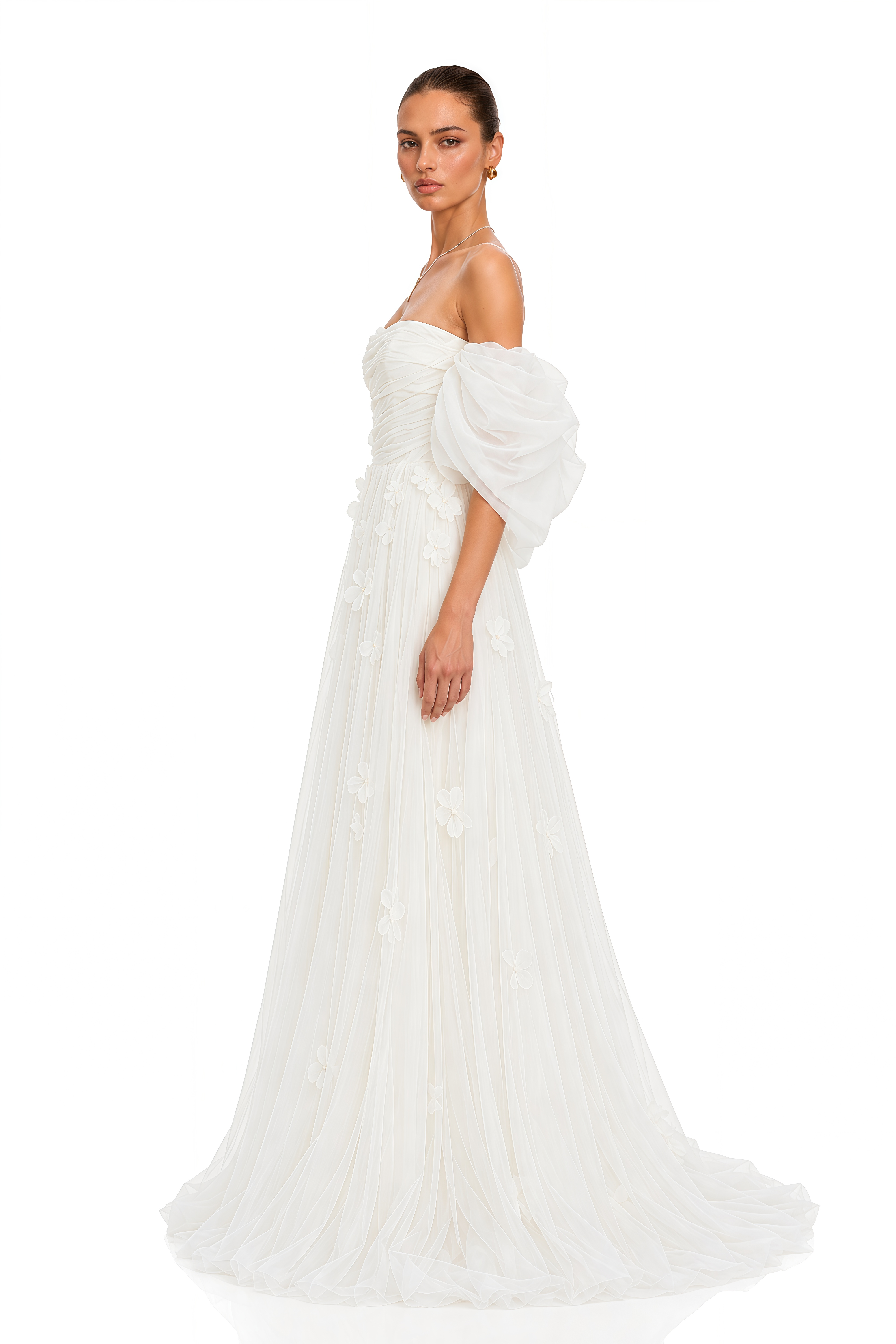 Nellie White 3D Floral Off Shoulder Tulle Maxi Dress
