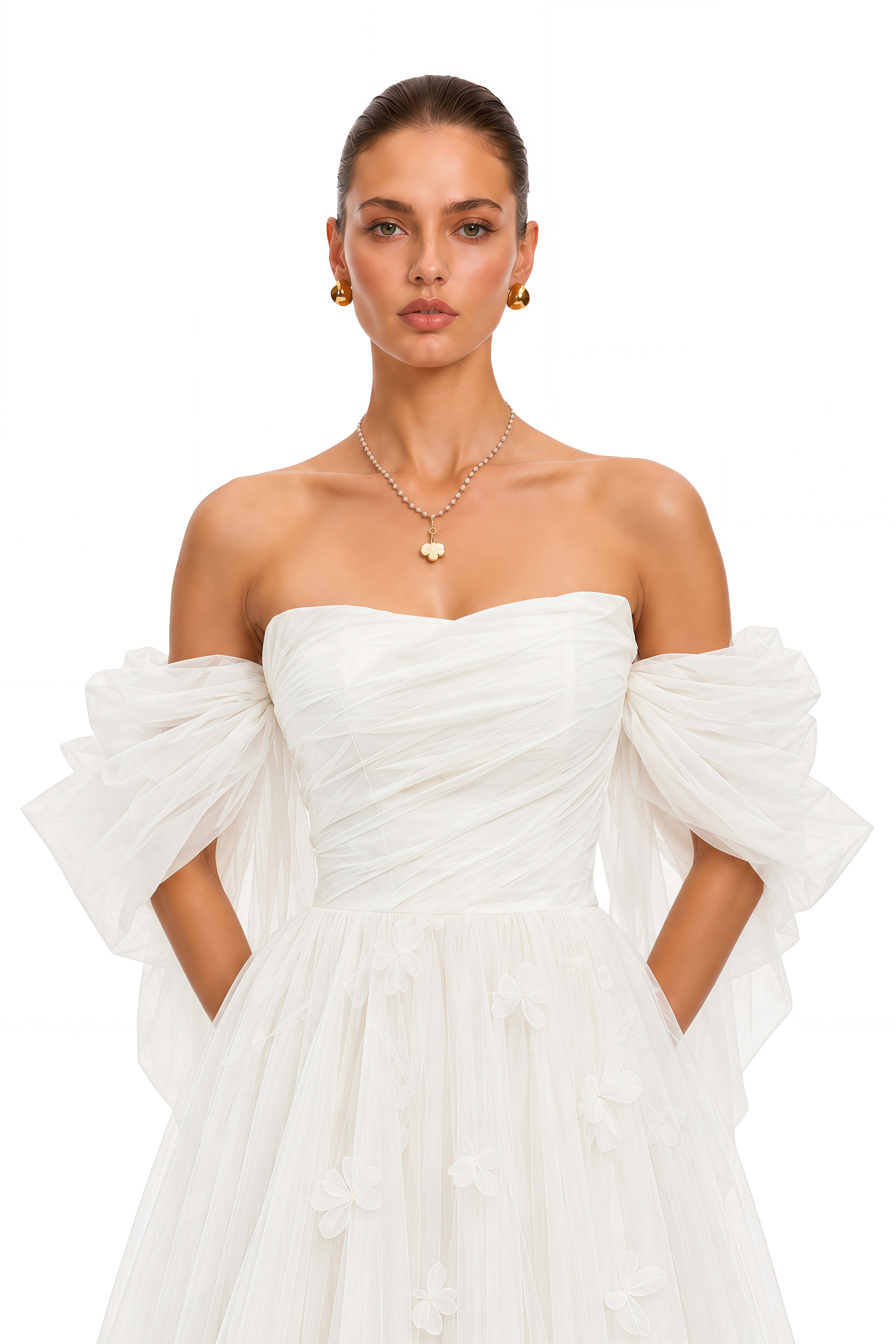Nellie White 3D Floral Off Shoulder Tulle Maxi Dress