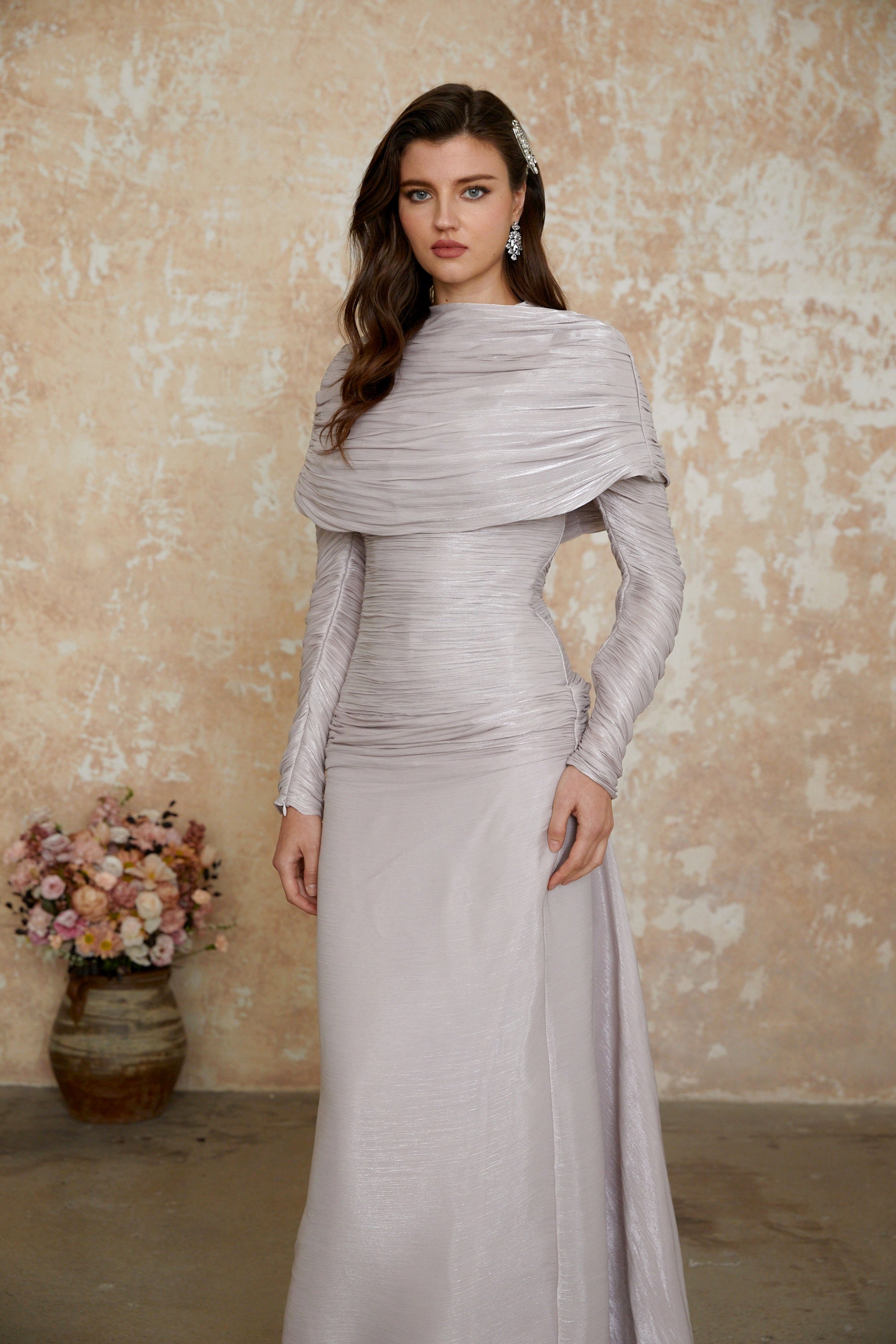 Cape Metallic Plissé Gown