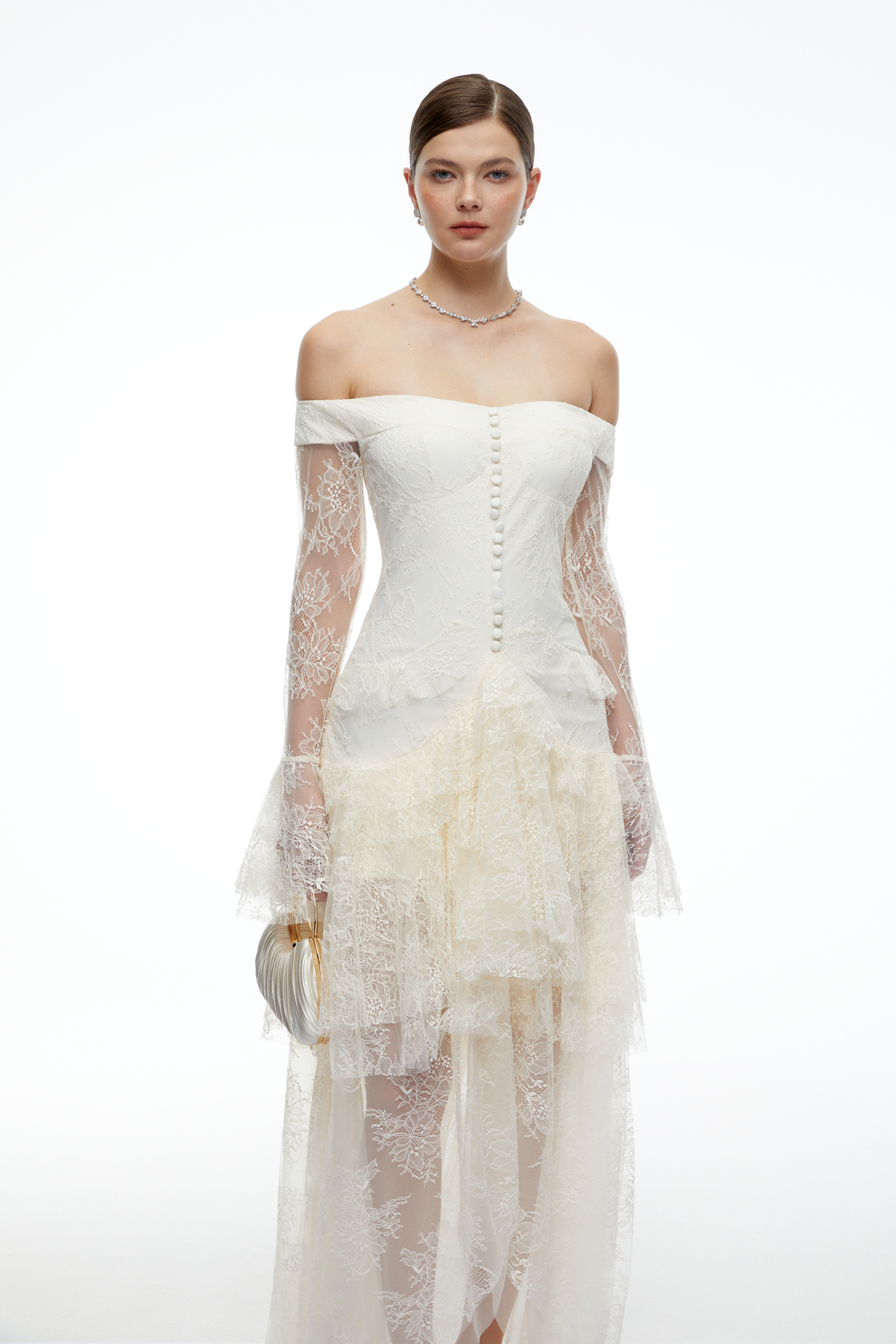 Nerine White Off-shoulder Ruffle Lace Maxi Dress