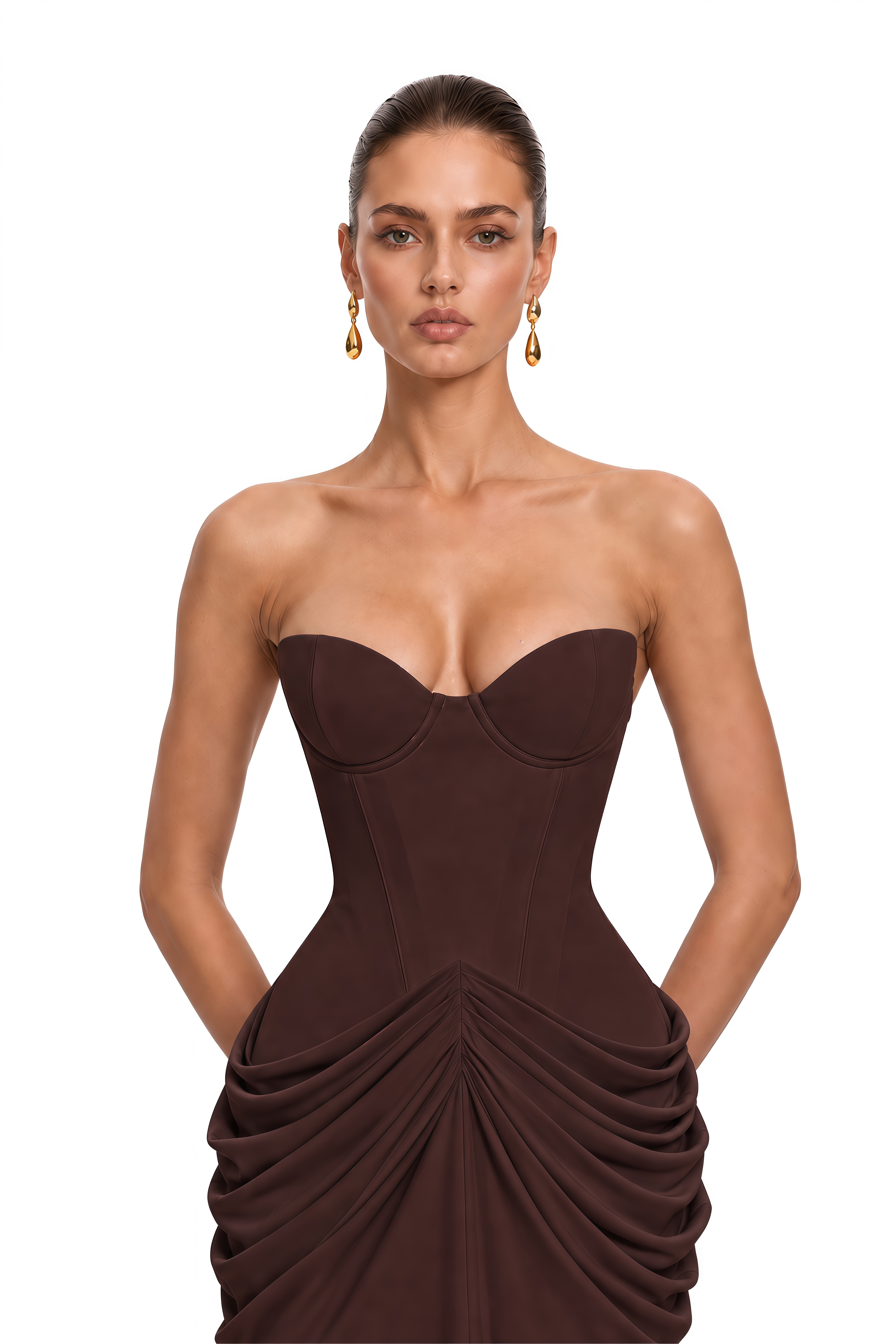 Nerissa Brown Strapless Ruched Maxi Dress