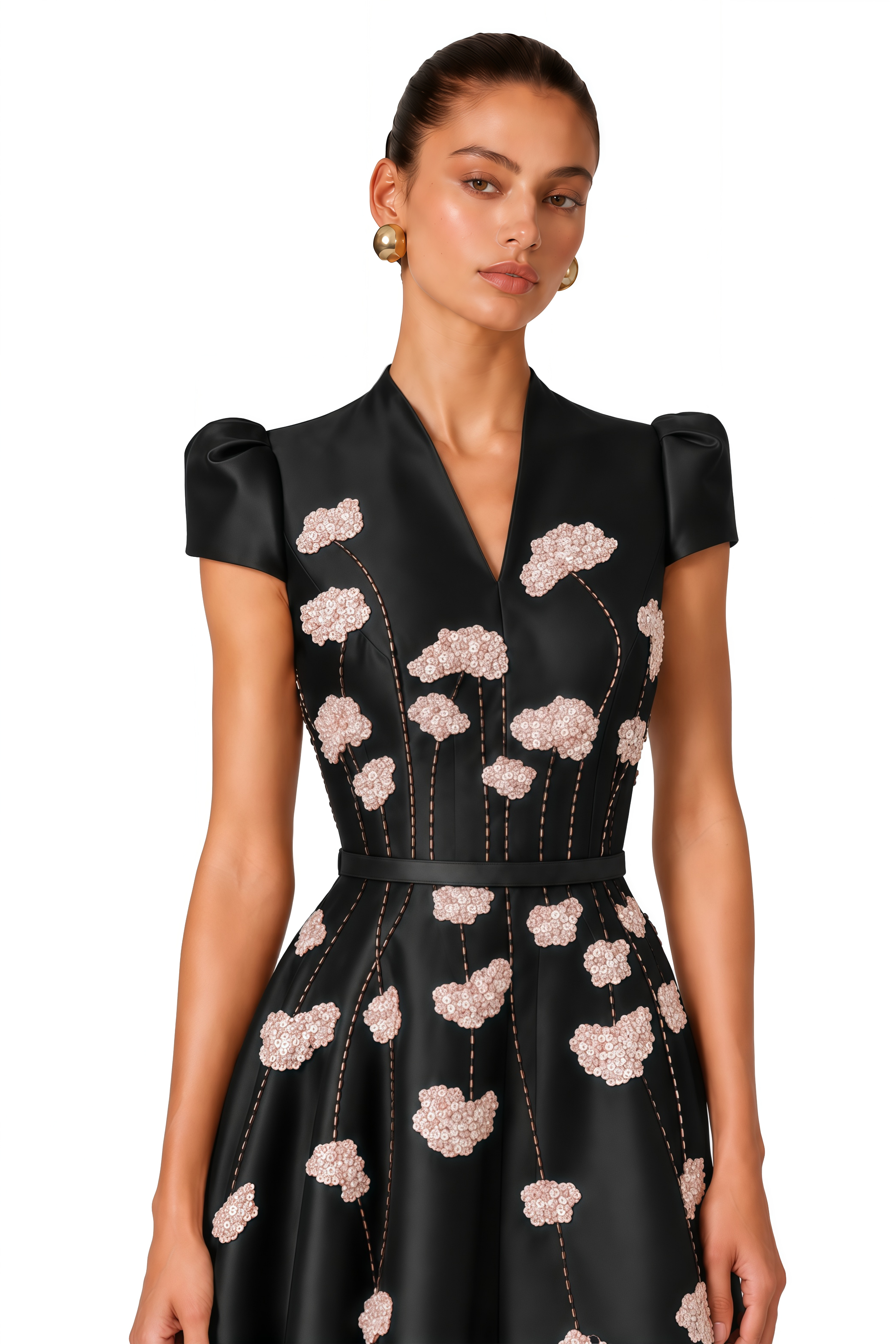 Nesrine Black Floral Embellished Satin Midi Dress