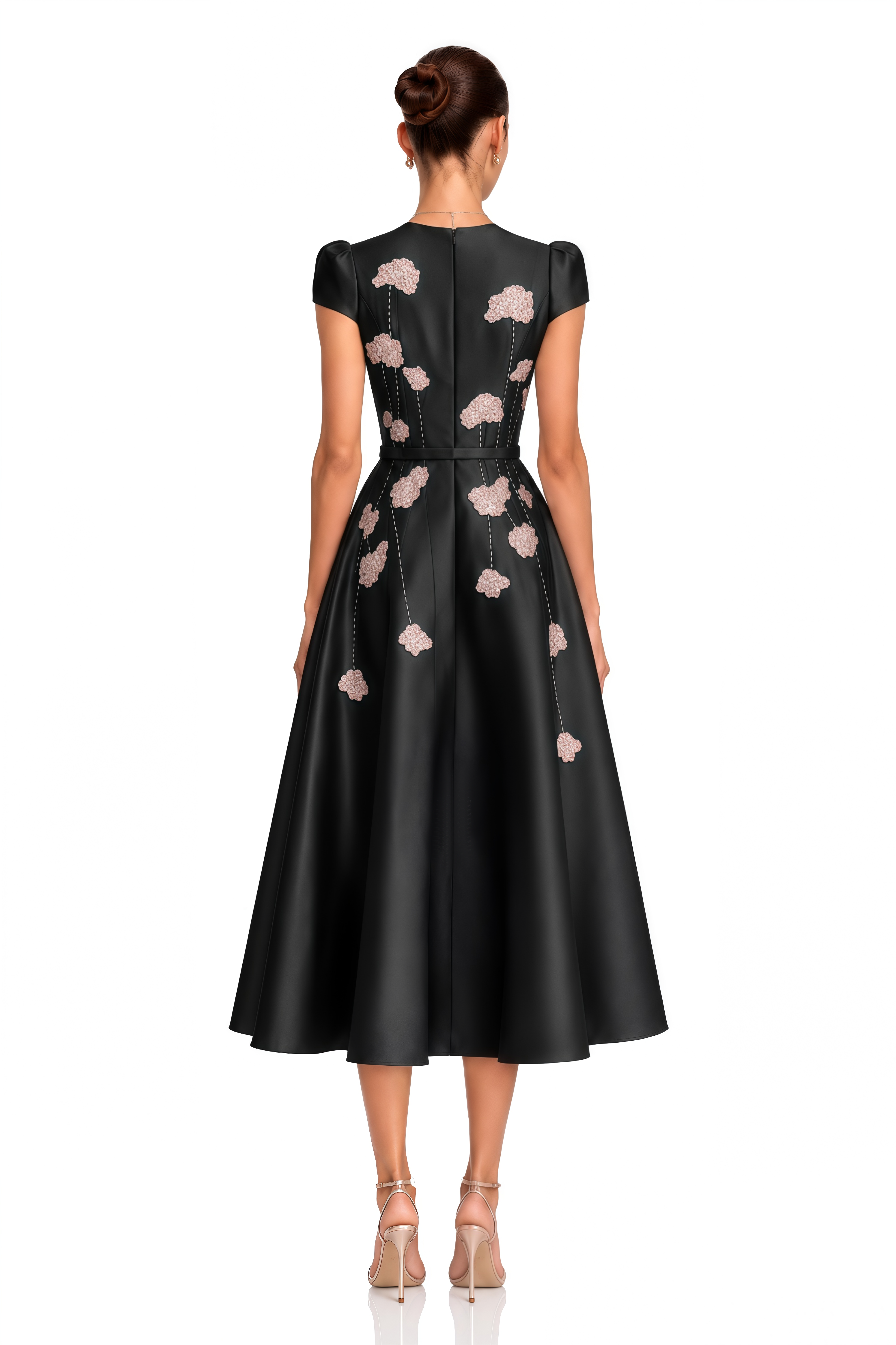 Nesrine Black Floral Embellished Satin Midi Dress