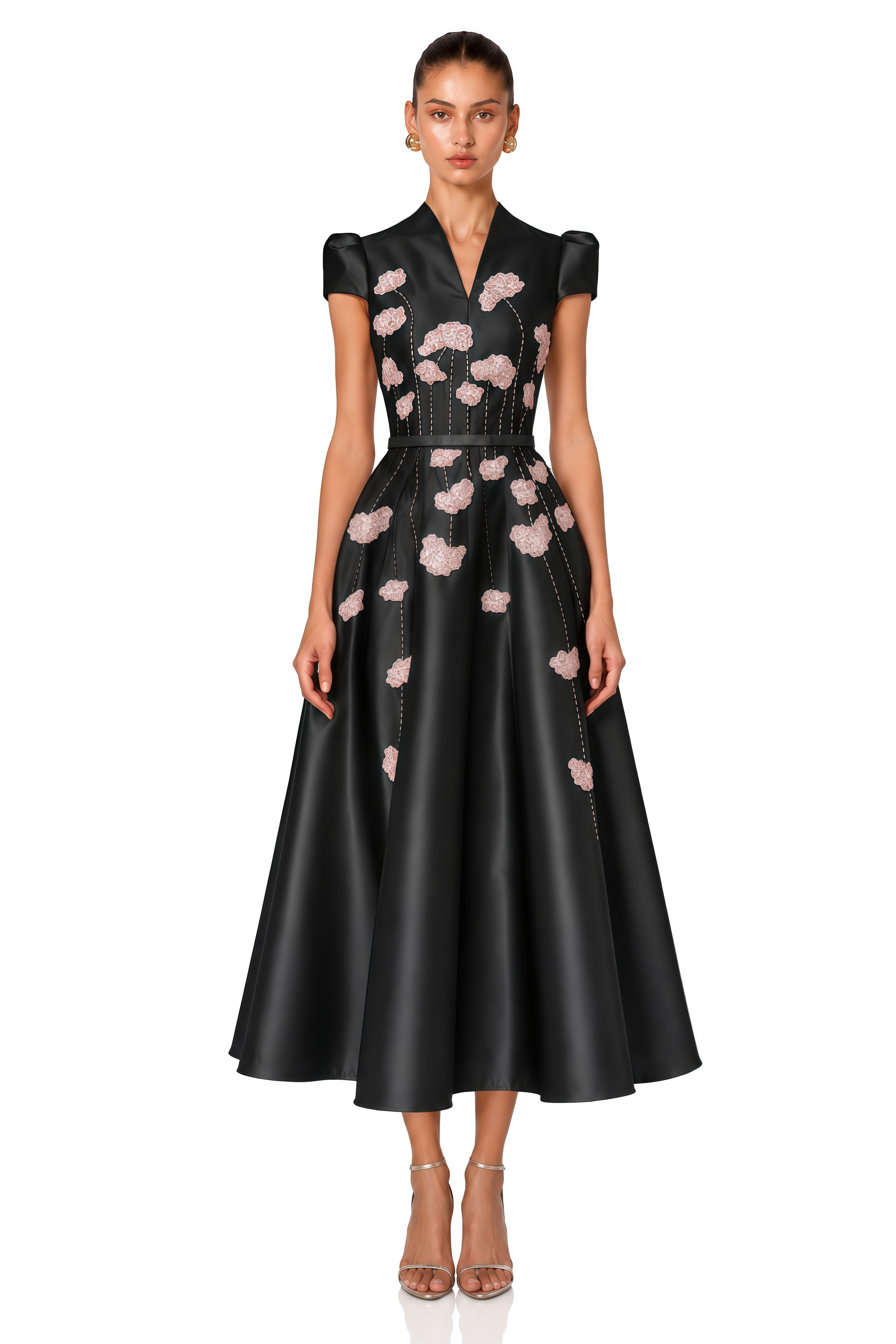 Nesrine Black Floral Embellished Satin Midi Dress