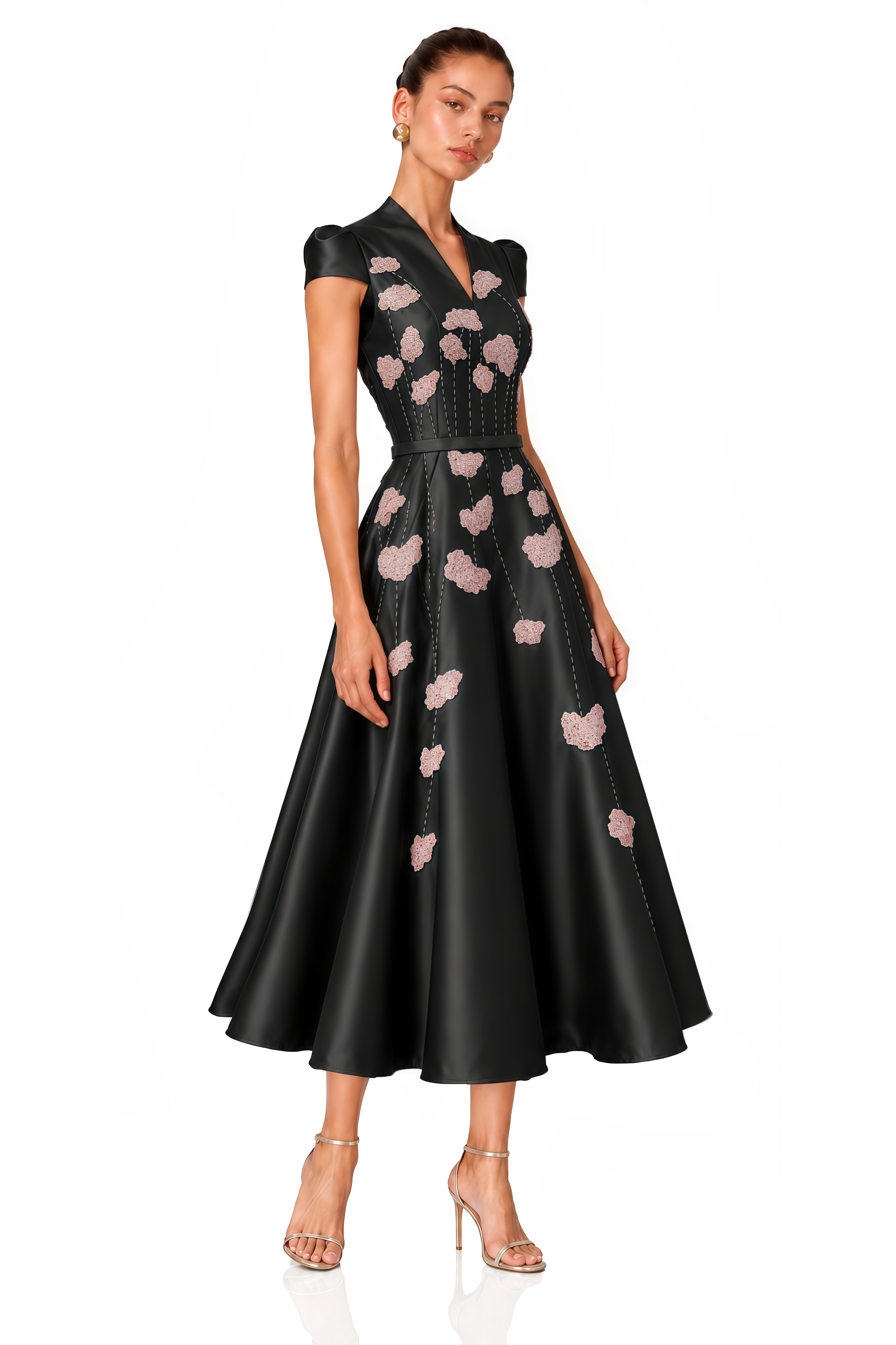 Nesrine Black Floral Embellished Satin Midi Dress