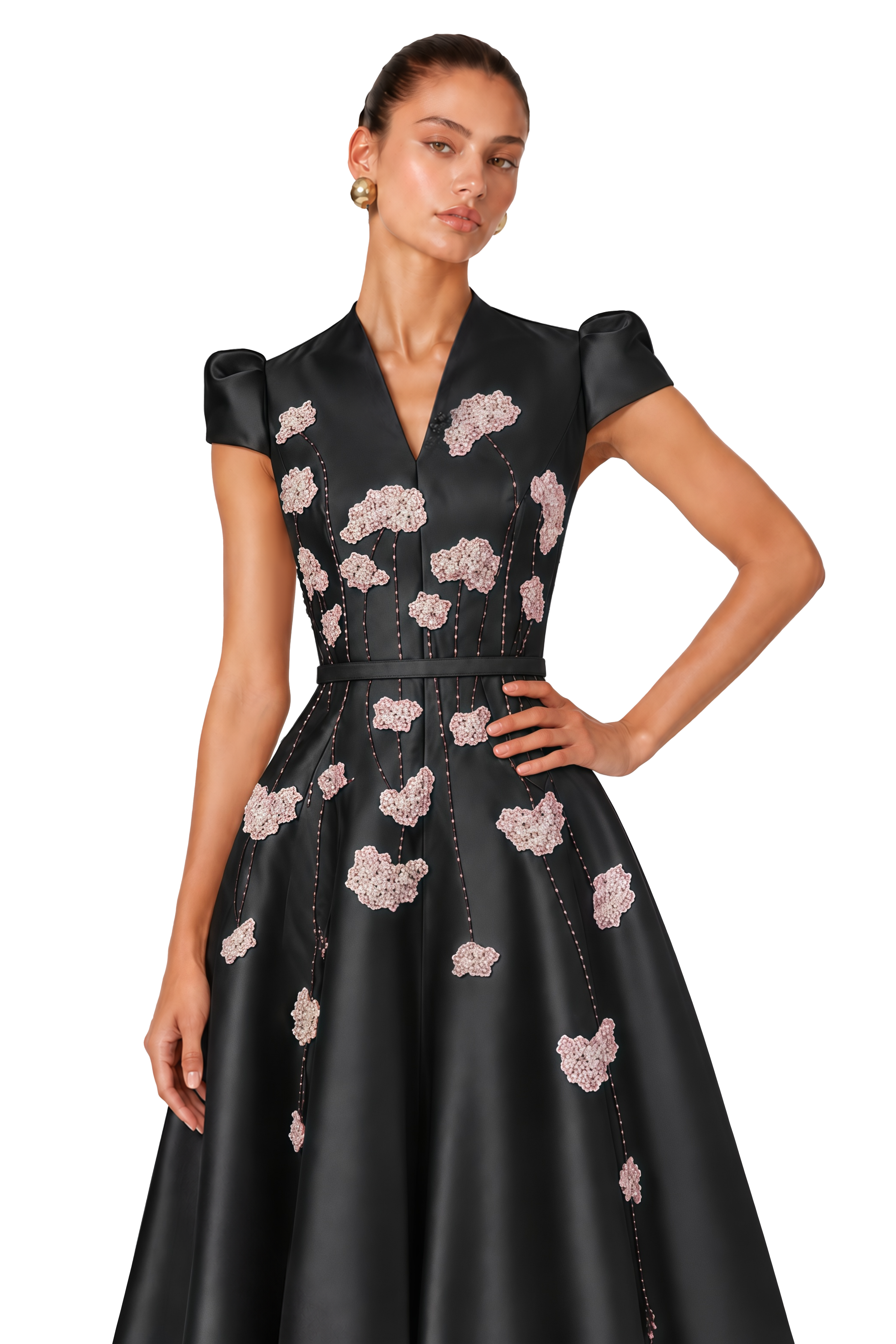 Nesrine Black Floral Embellished Satin Midi Dress