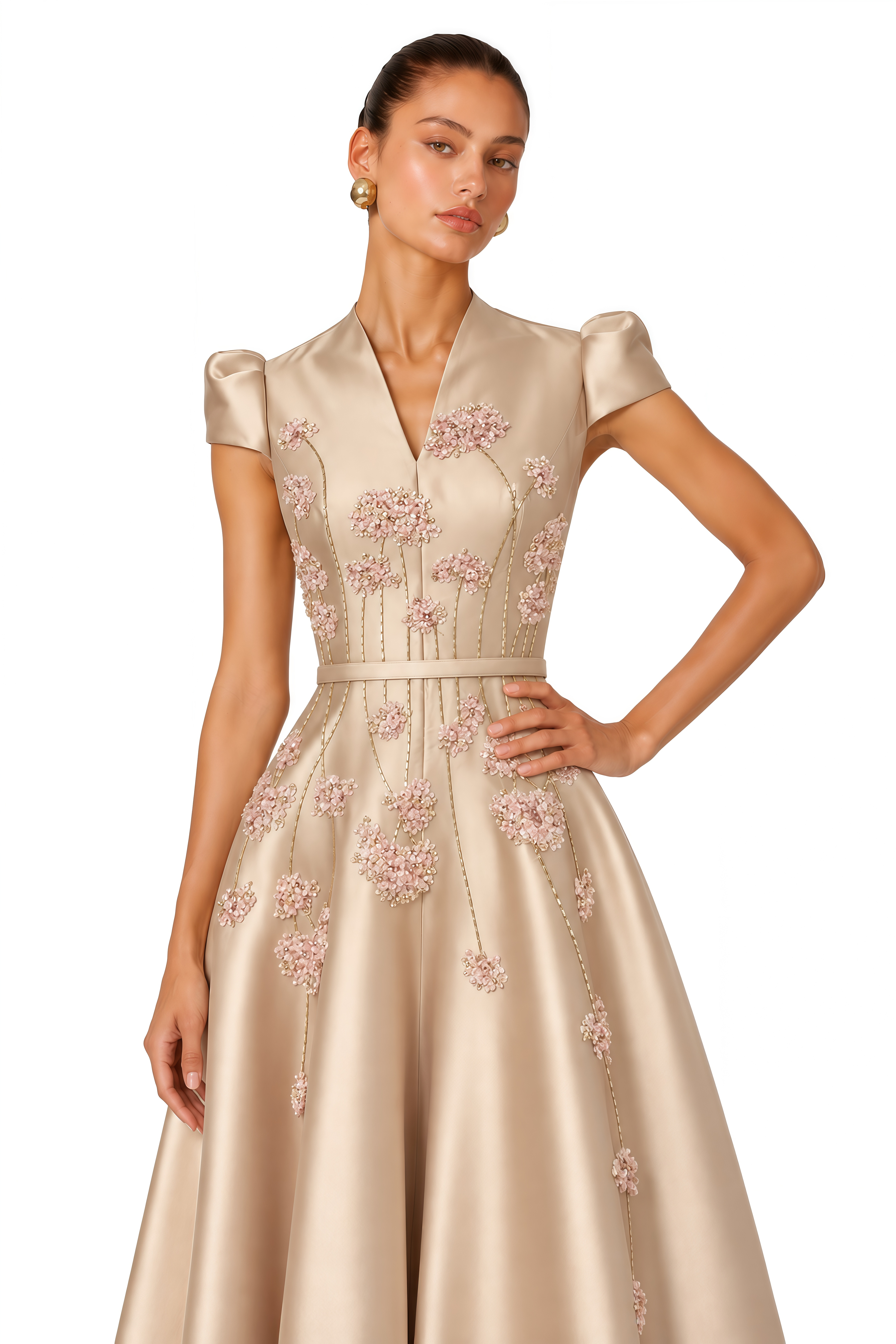 Nesrine Champagne Floral Embellished Satin Midi Dress