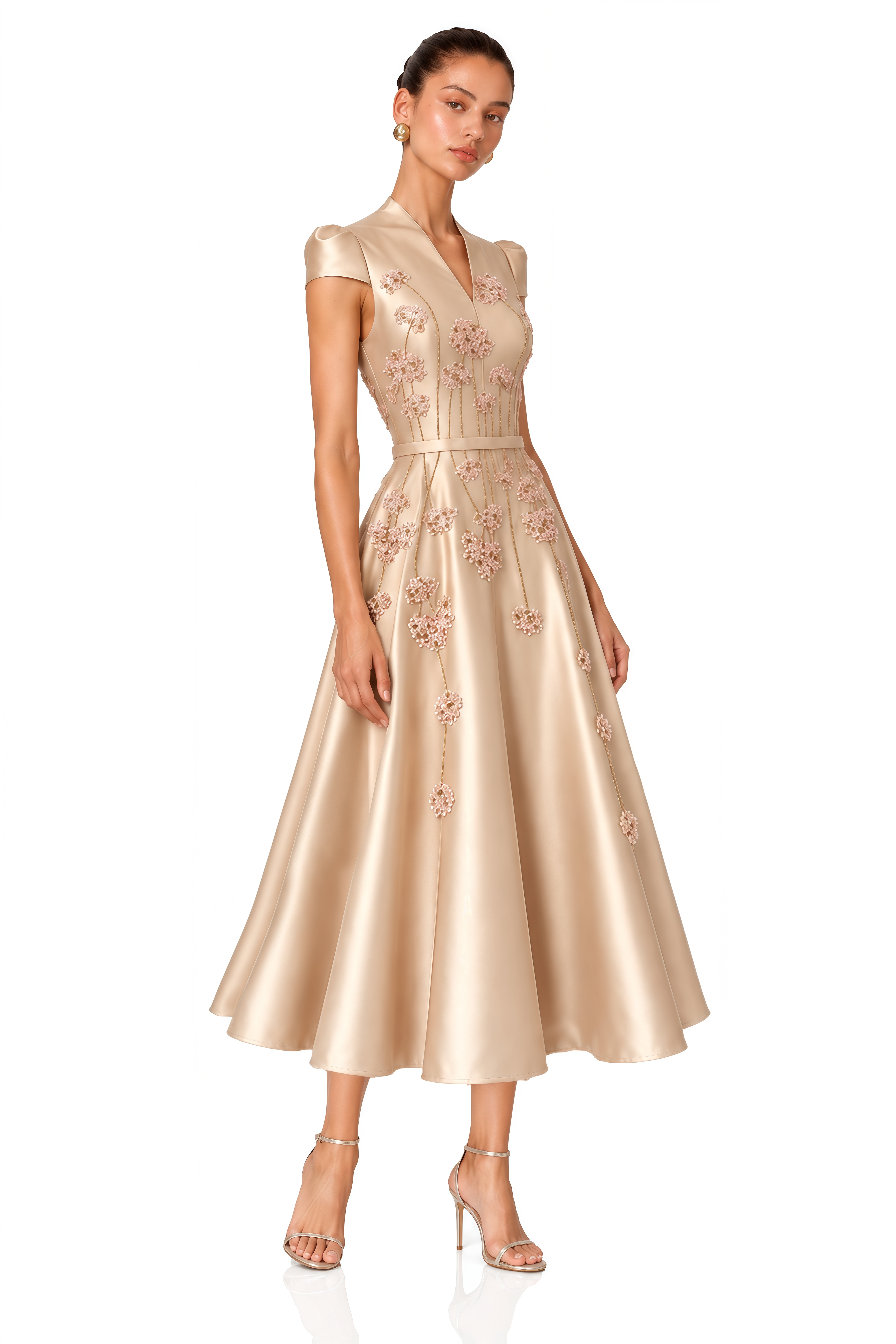 Nesrine Champagne Floral Embellished Satin Midi Dress