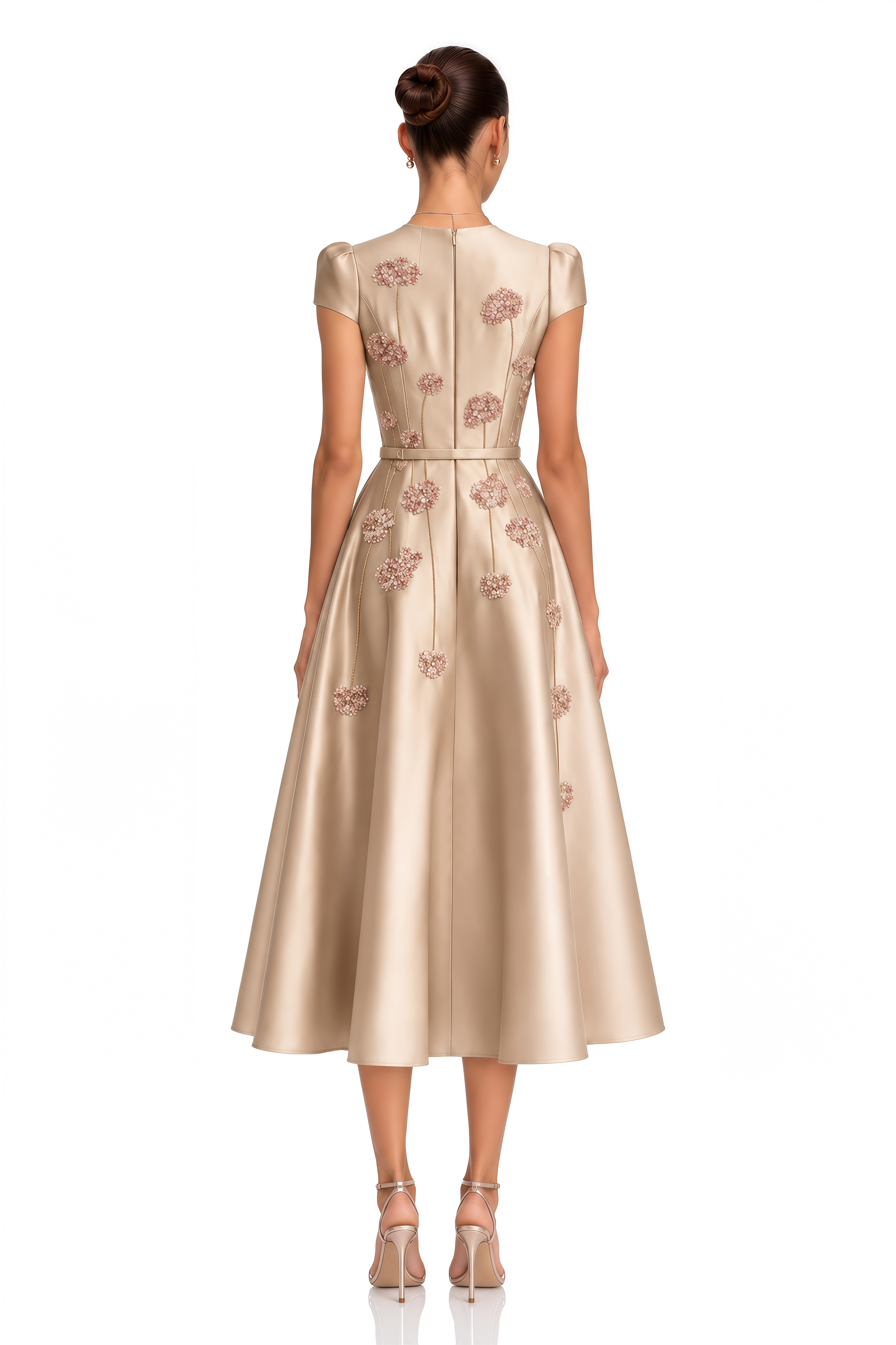 Nesrine Champagne Floral Embellished Satin Midi Dress
