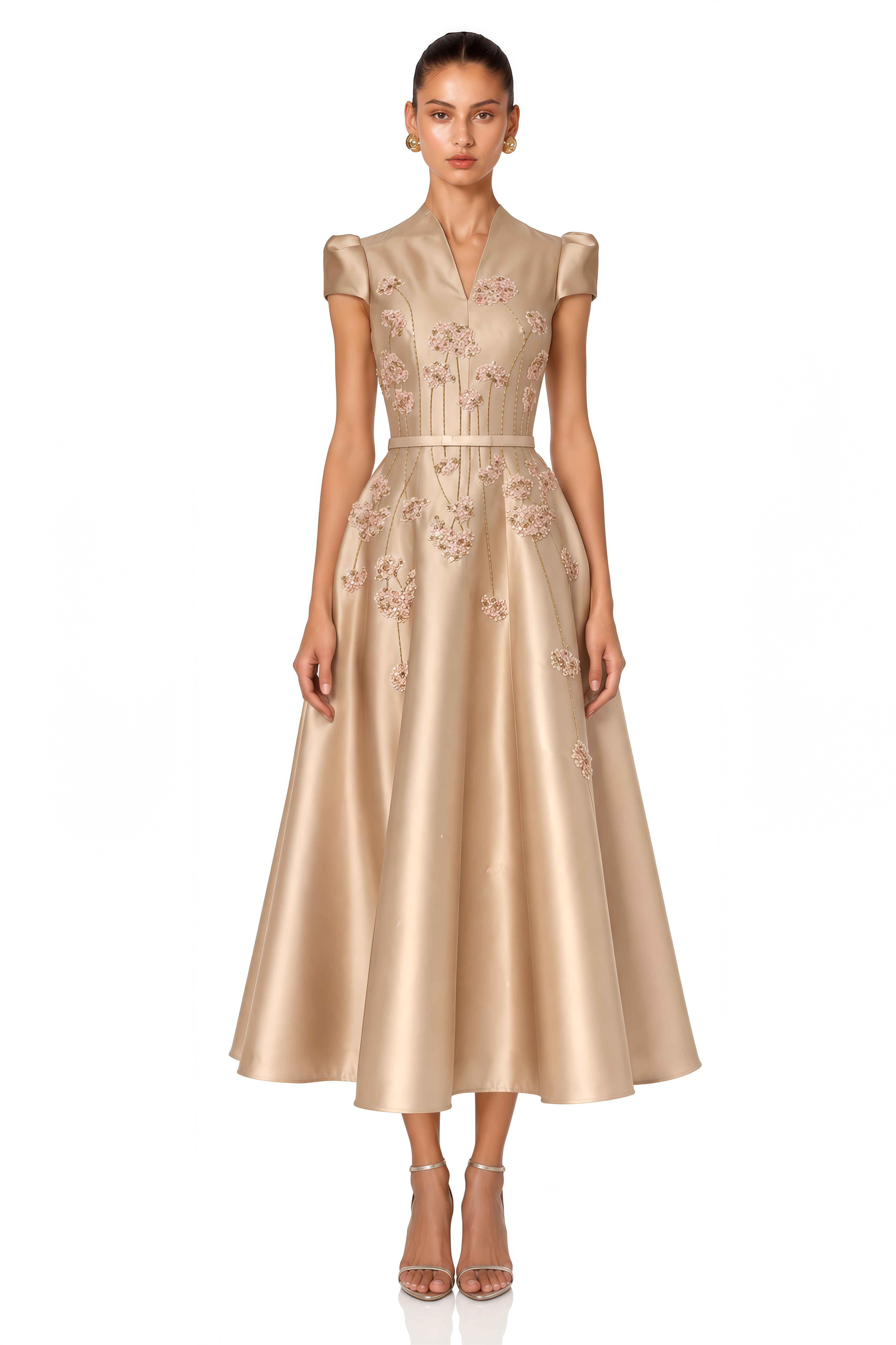 Nesrine Champagne Floral Embellished Satin Midi Dress