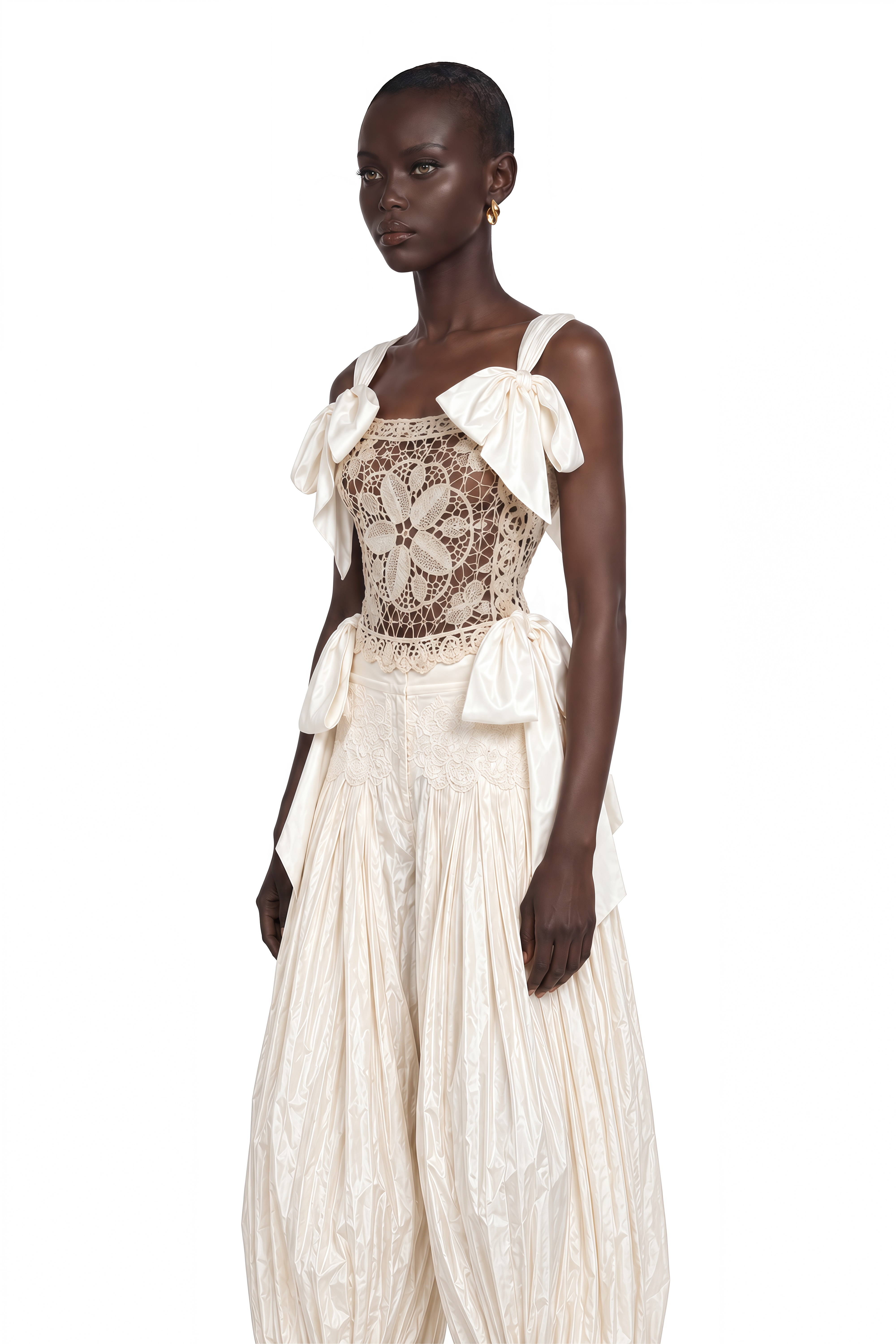 Nicolette Ivory Bow Strap Crochet Top & Balloon Trousers Set