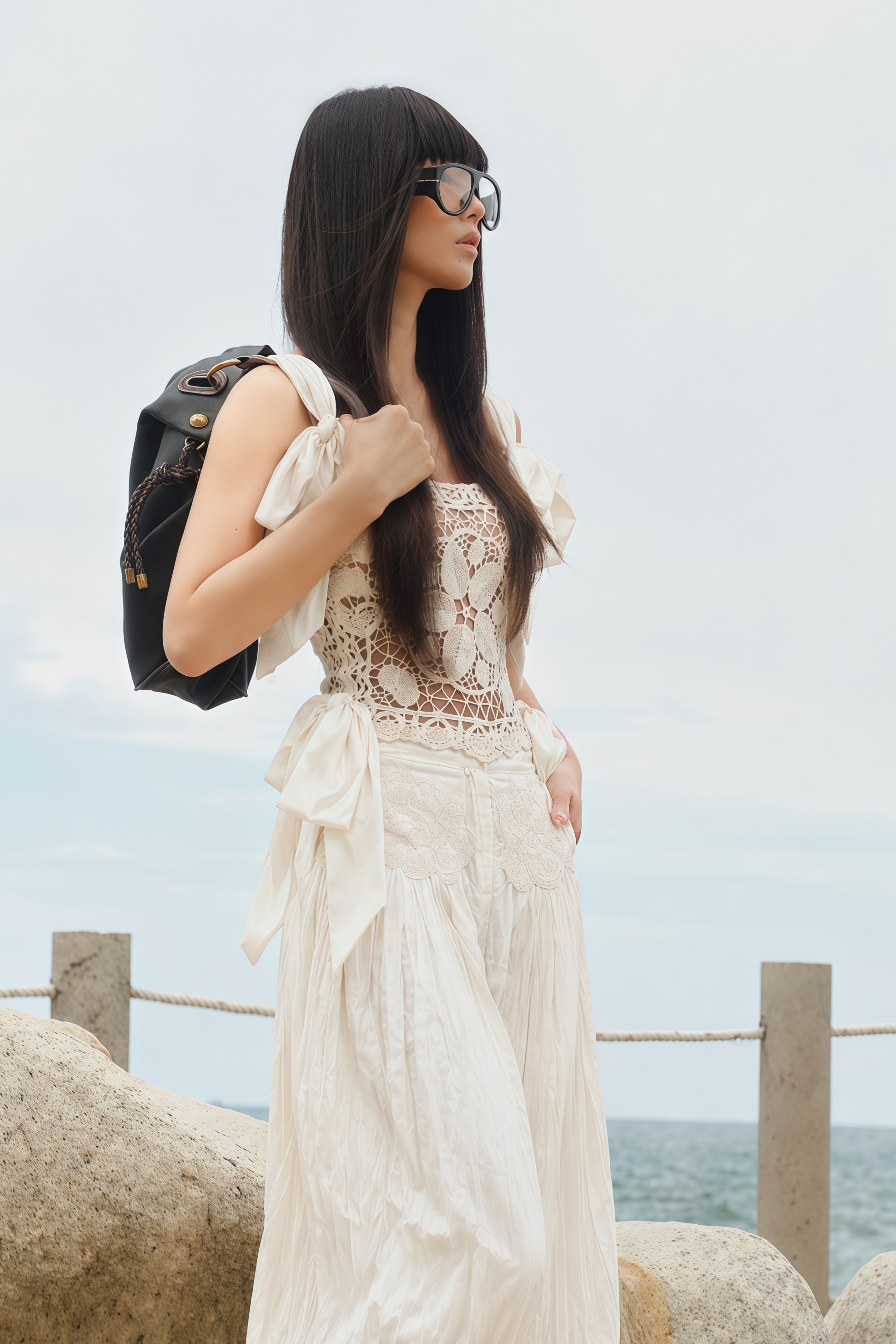 Nicolette Ivory Bow Strap Crochet Top & Balloon Trousers Set