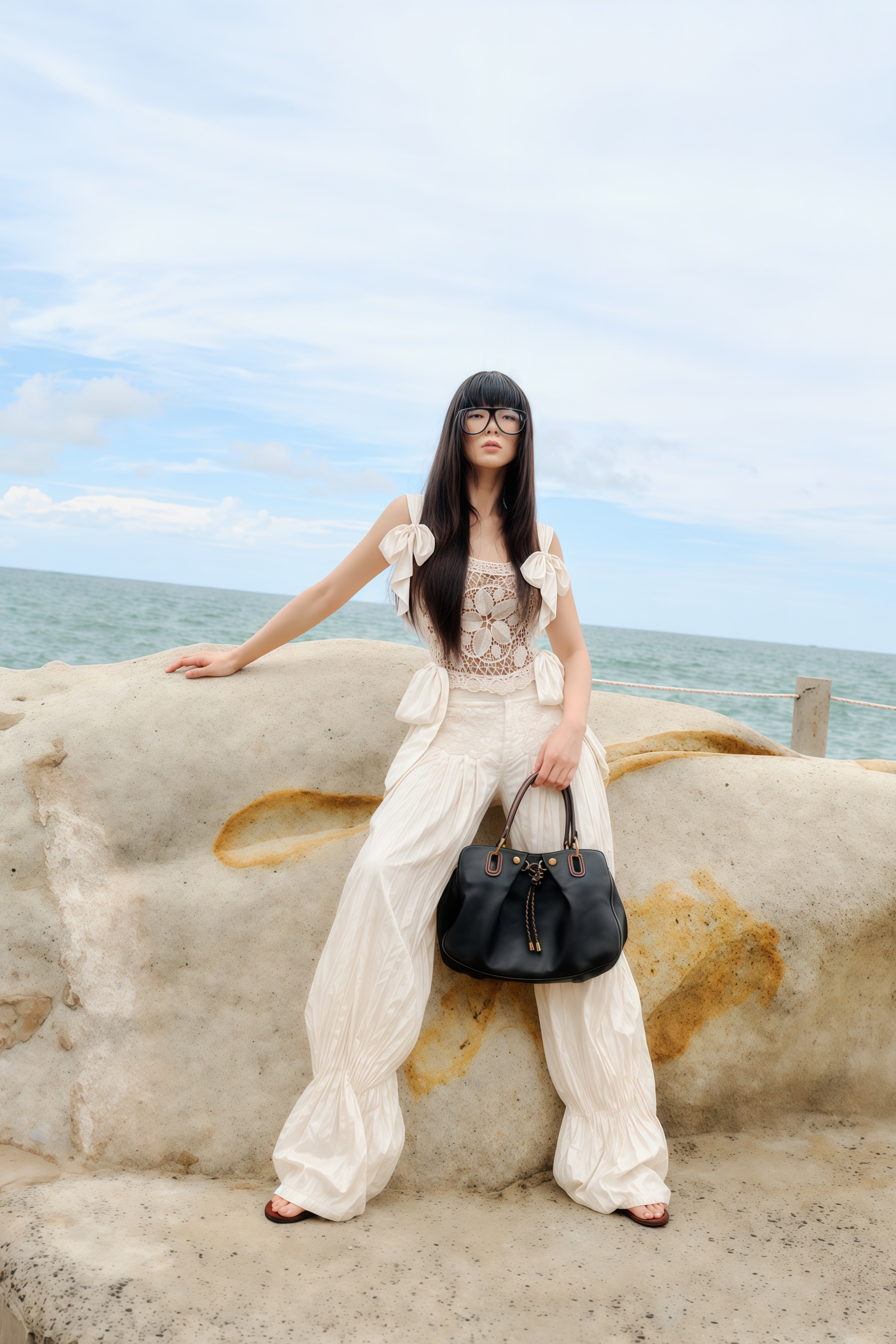 Nicolette Ivory Bow Strap Crochet Top & Balloon Trousers Set