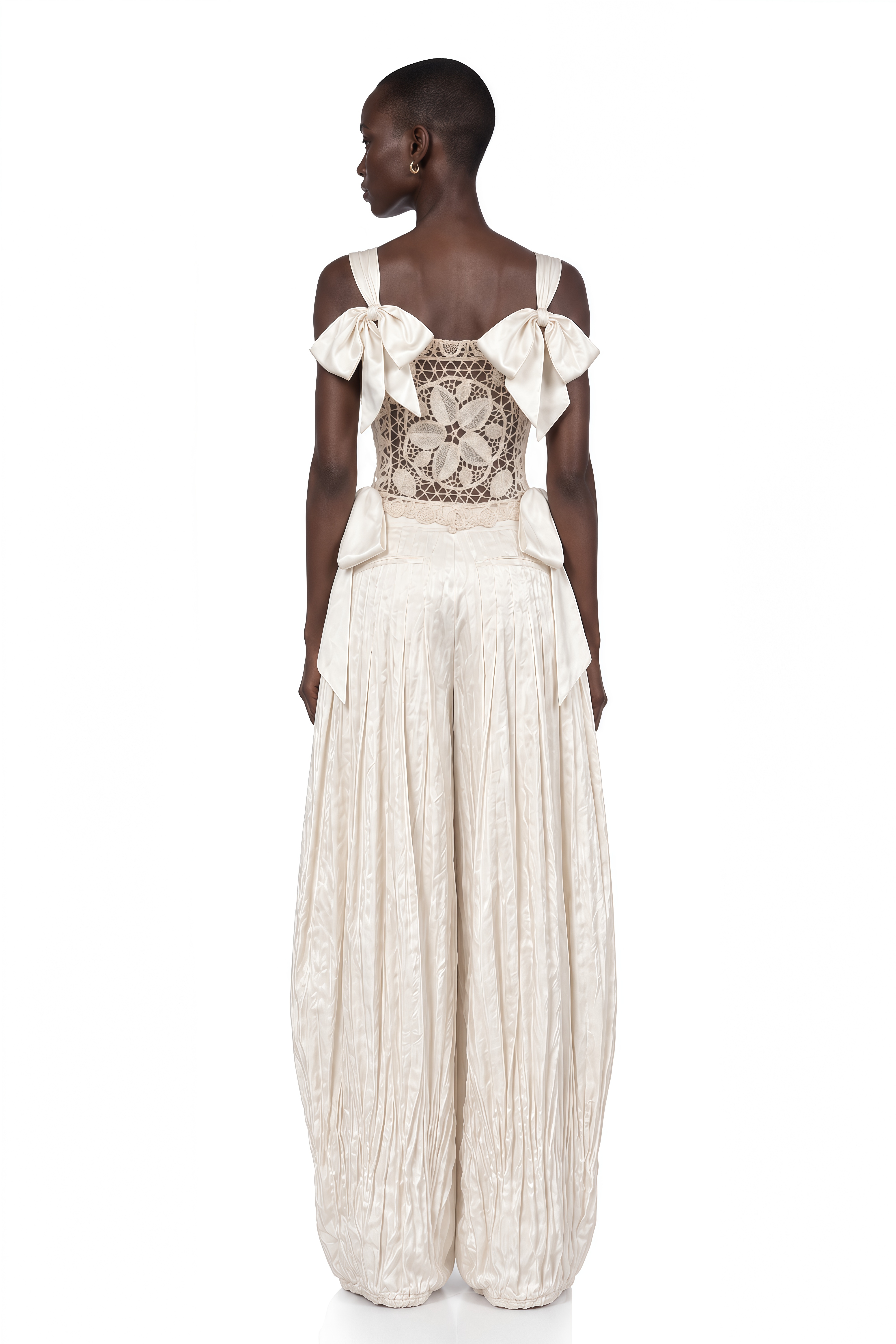 Nicolette Ivory Bow Strap Crochet Top & Balloon Trousers Set