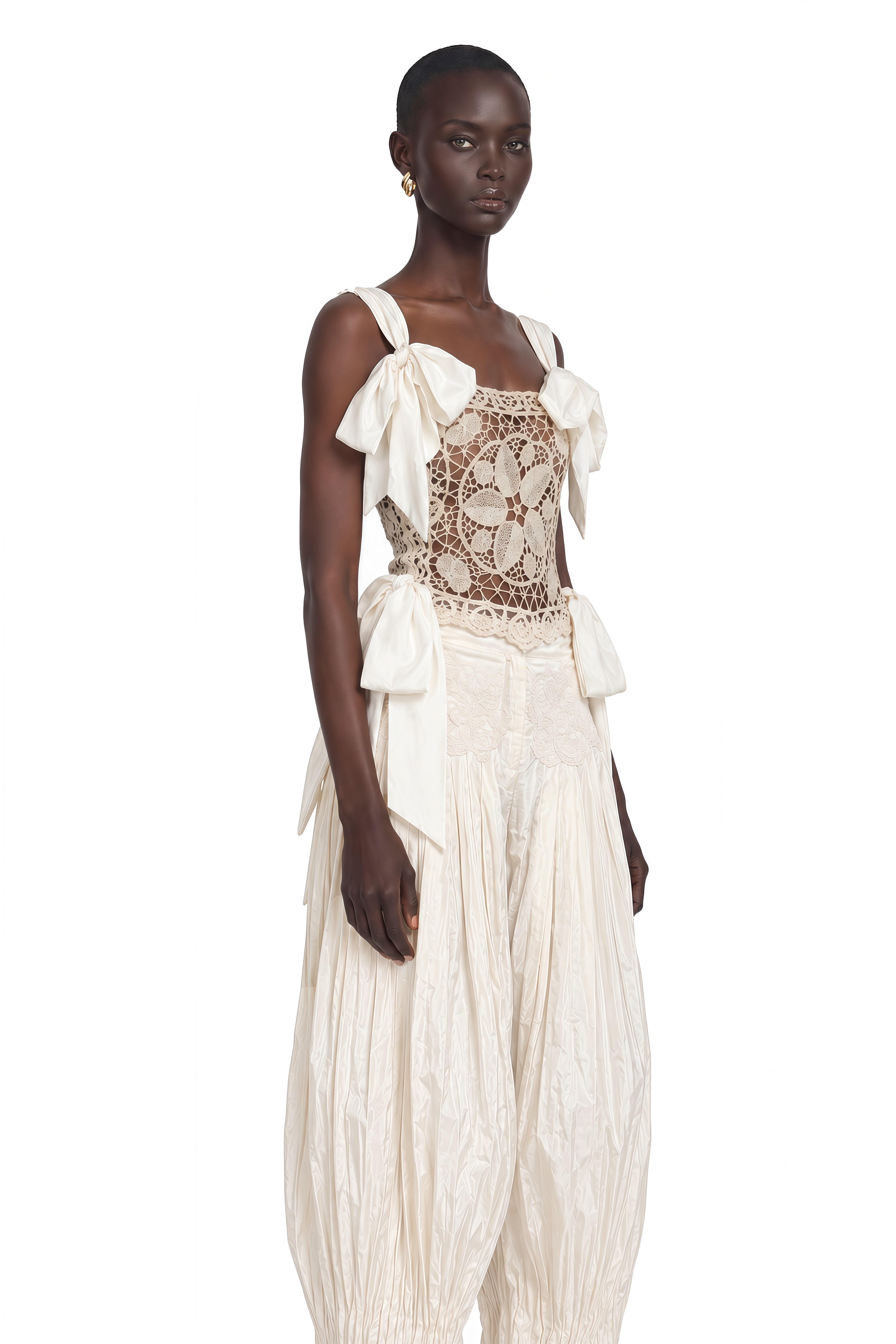 Nicolette Ivory Bow Strap Crochet Top & Balloon Trousers Set