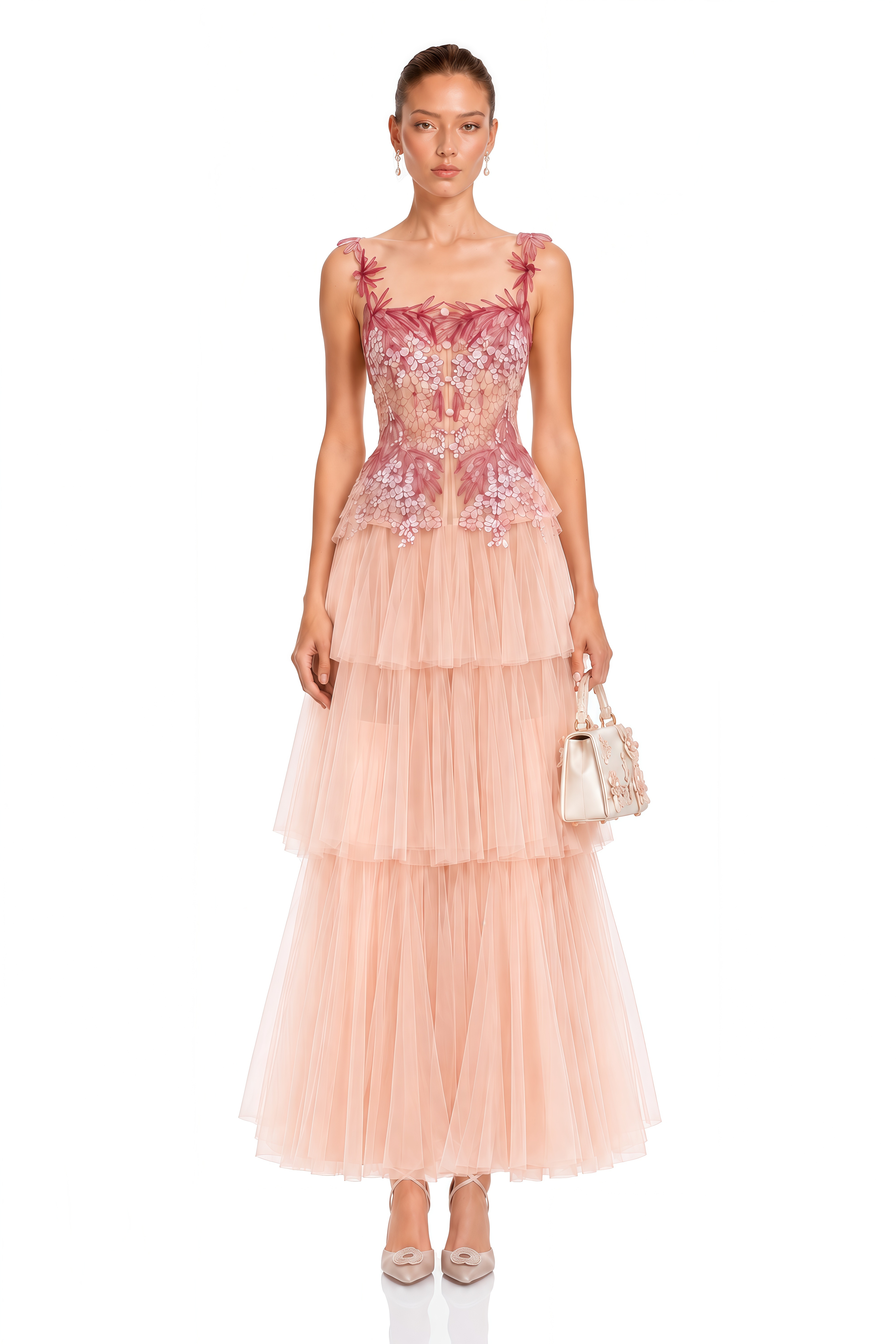 Nikola Pink Tiered Maxi Dress with 3D Florals
