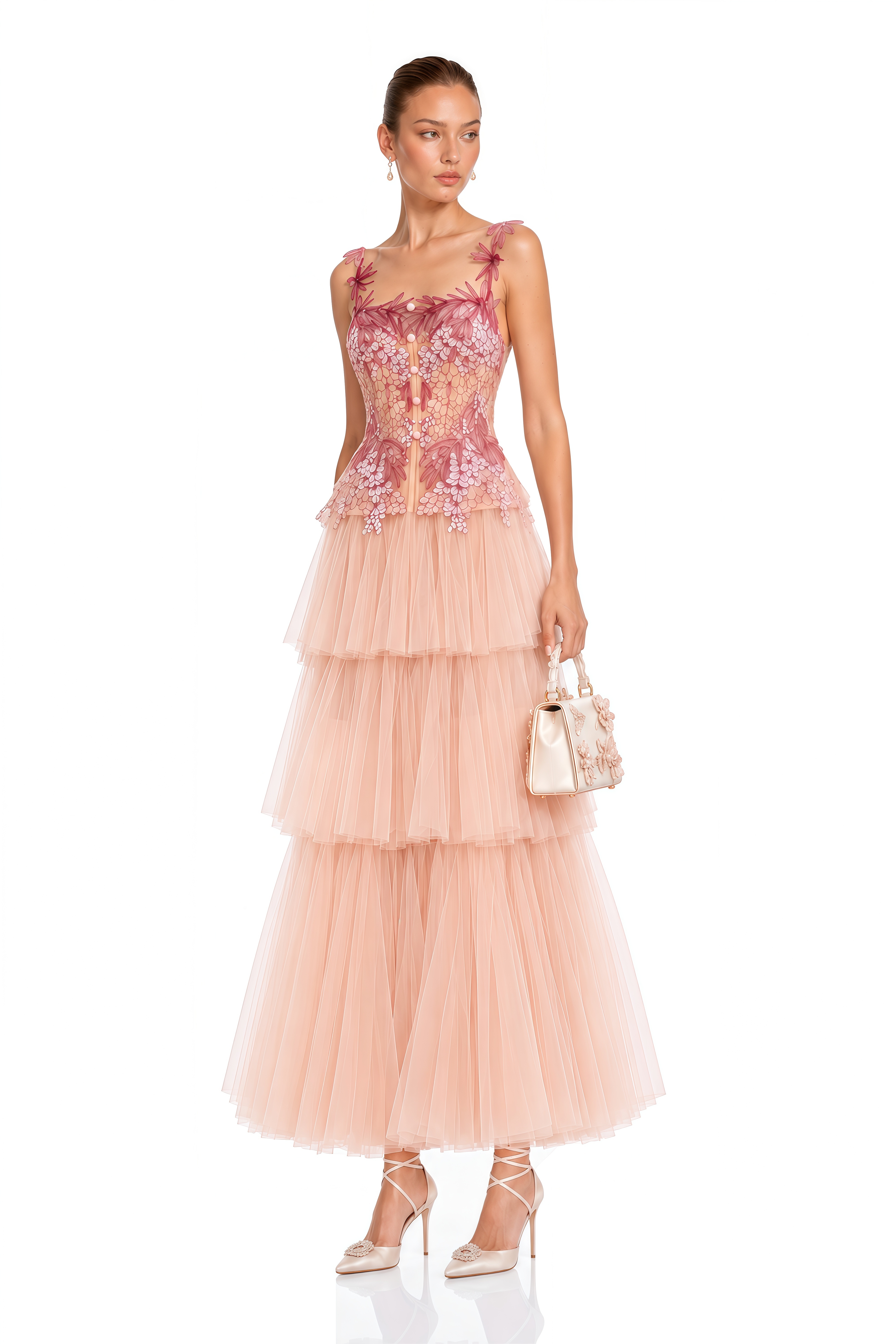 Nikola Pink Tiered Maxi Dress with 3D Florals