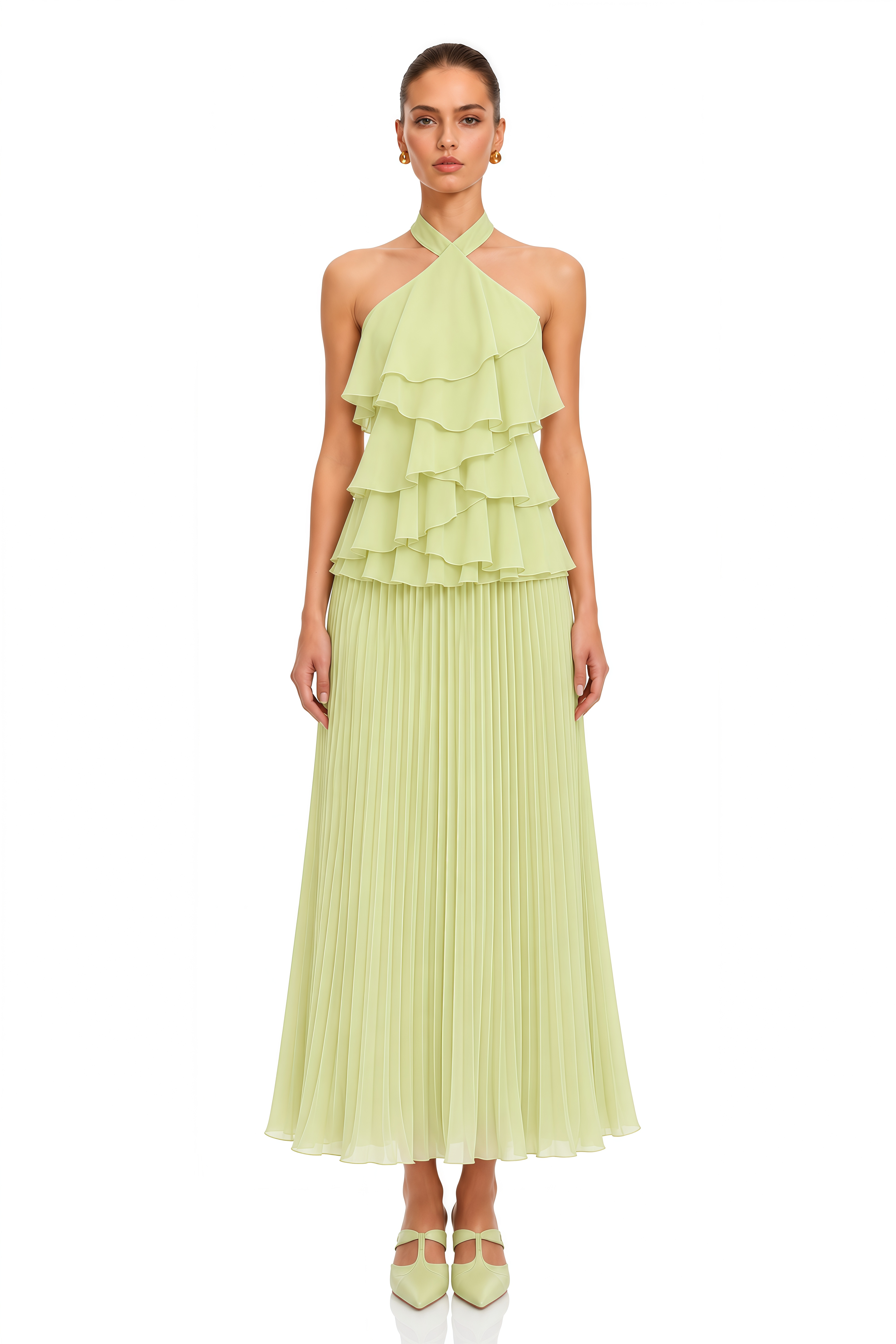 Niyamat Lime Green Ruffle Halter Pleated Maxi Dress
