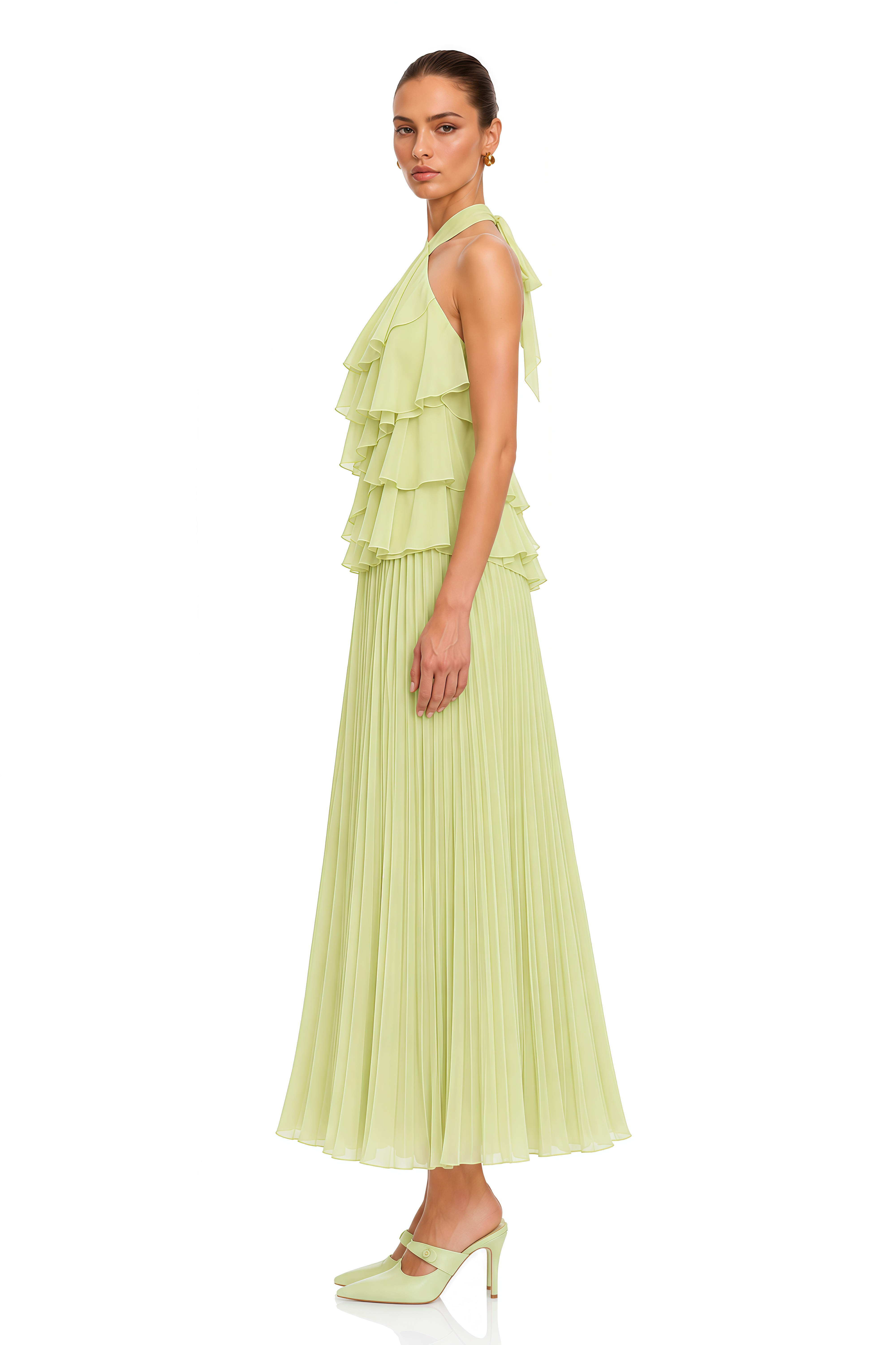 Niyamat Lime Green Ruffle Halter Pleated Maxi Dress