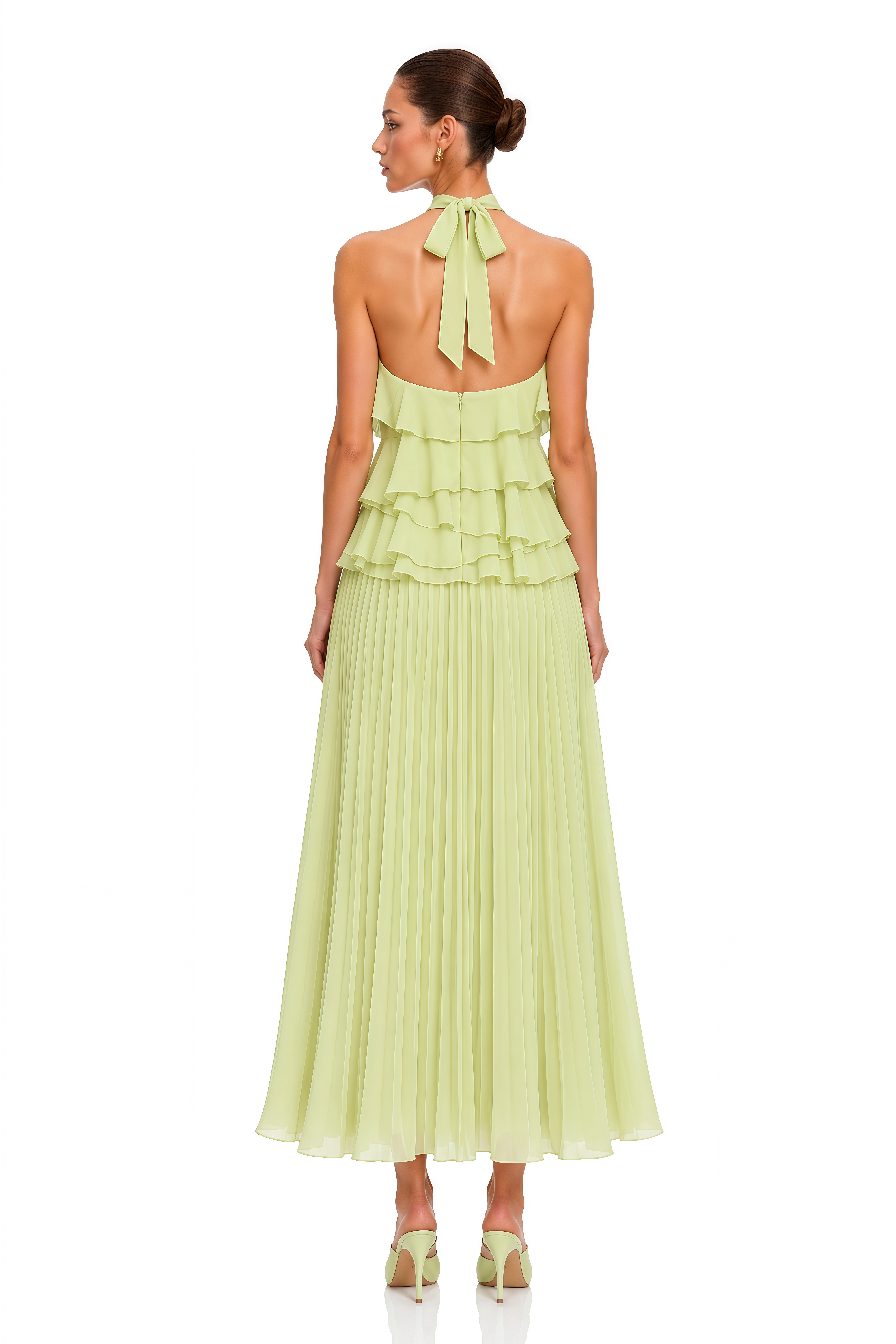 Niyamat Lime Green Ruffle Halter Pleated Maxi Dress