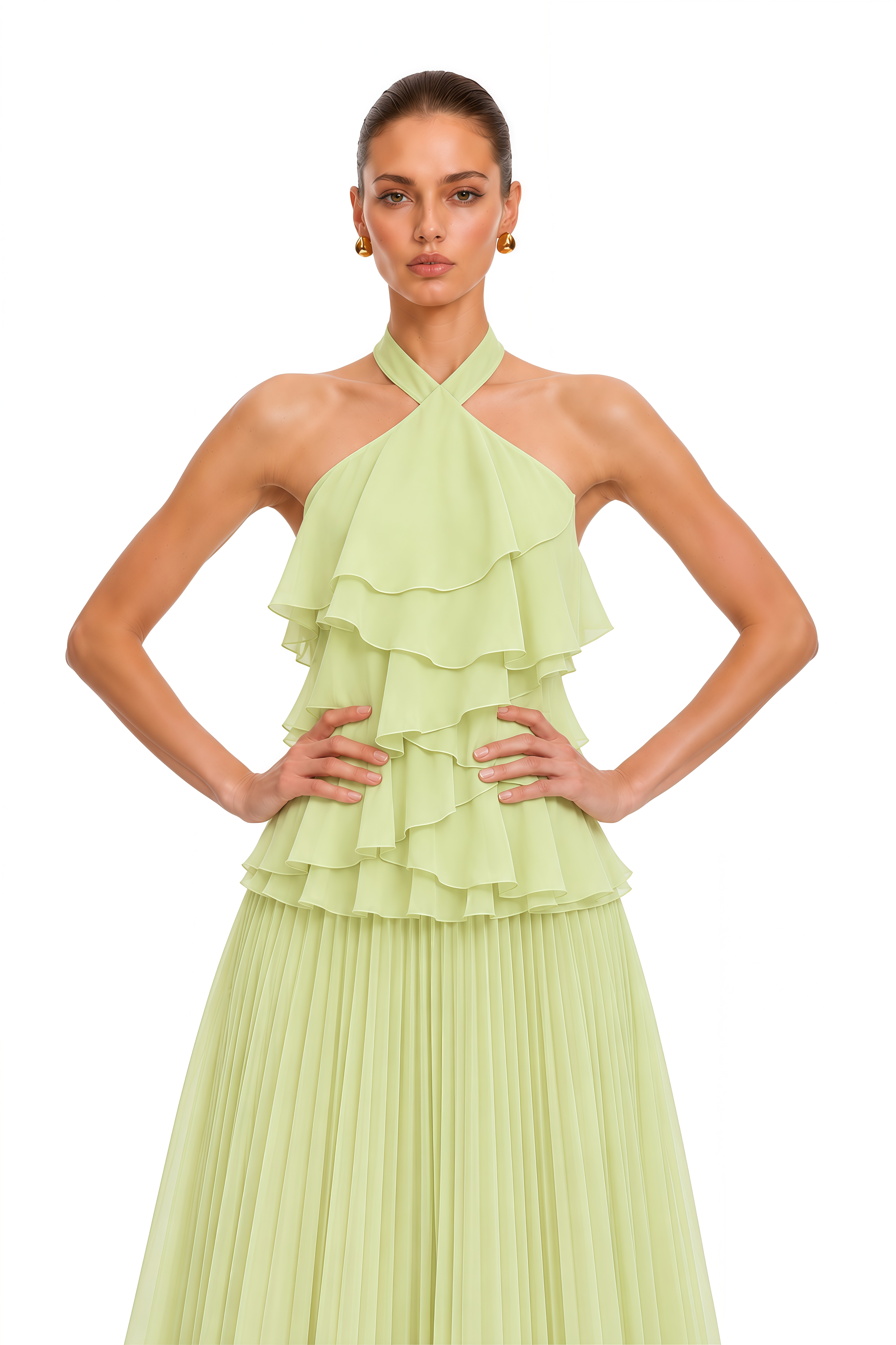 Niyamat Lime Green Ruffle Halter Pleated Maxi Dress