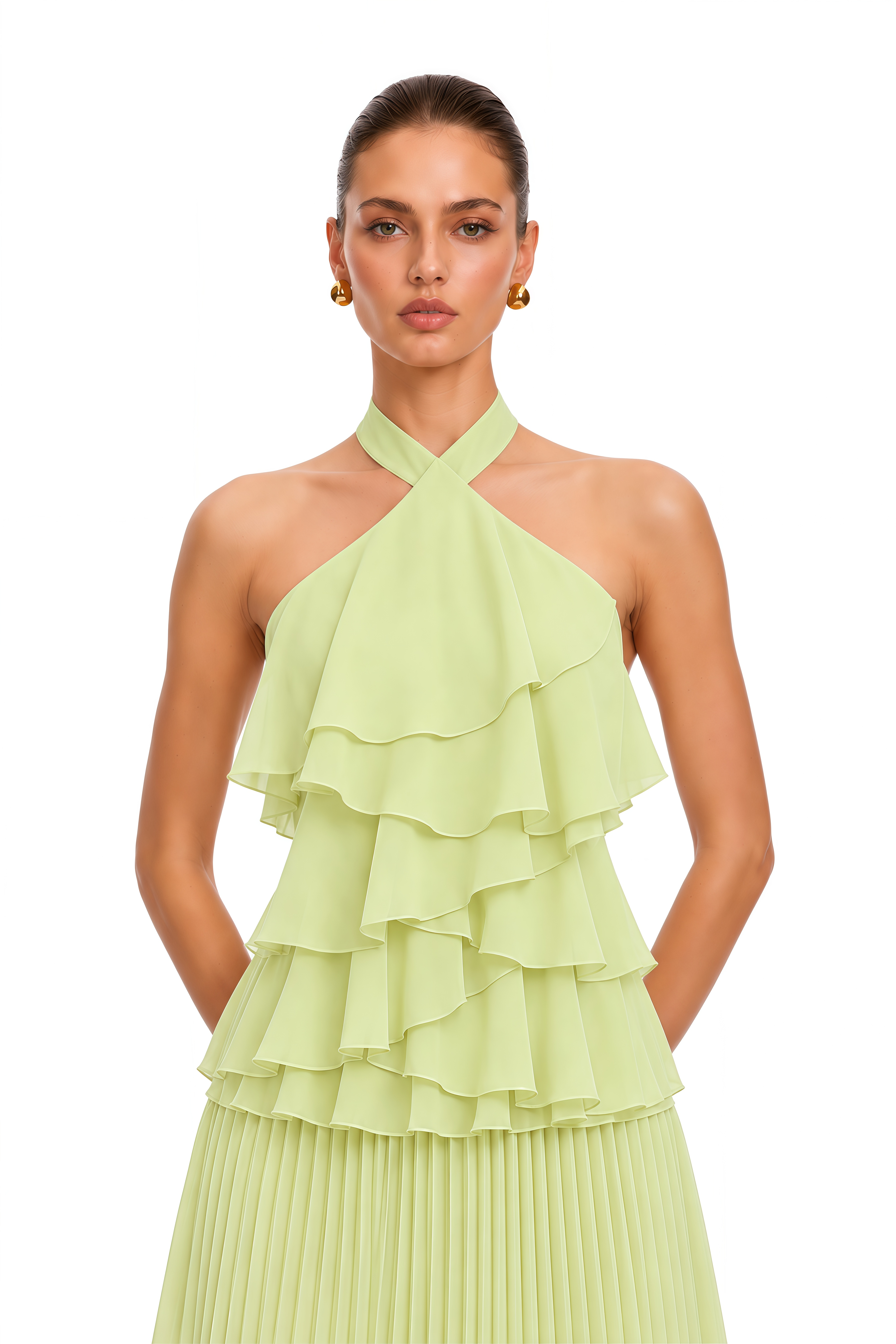 Niyamat Lime Green Ruffle Halter Pleated Maxi Dress