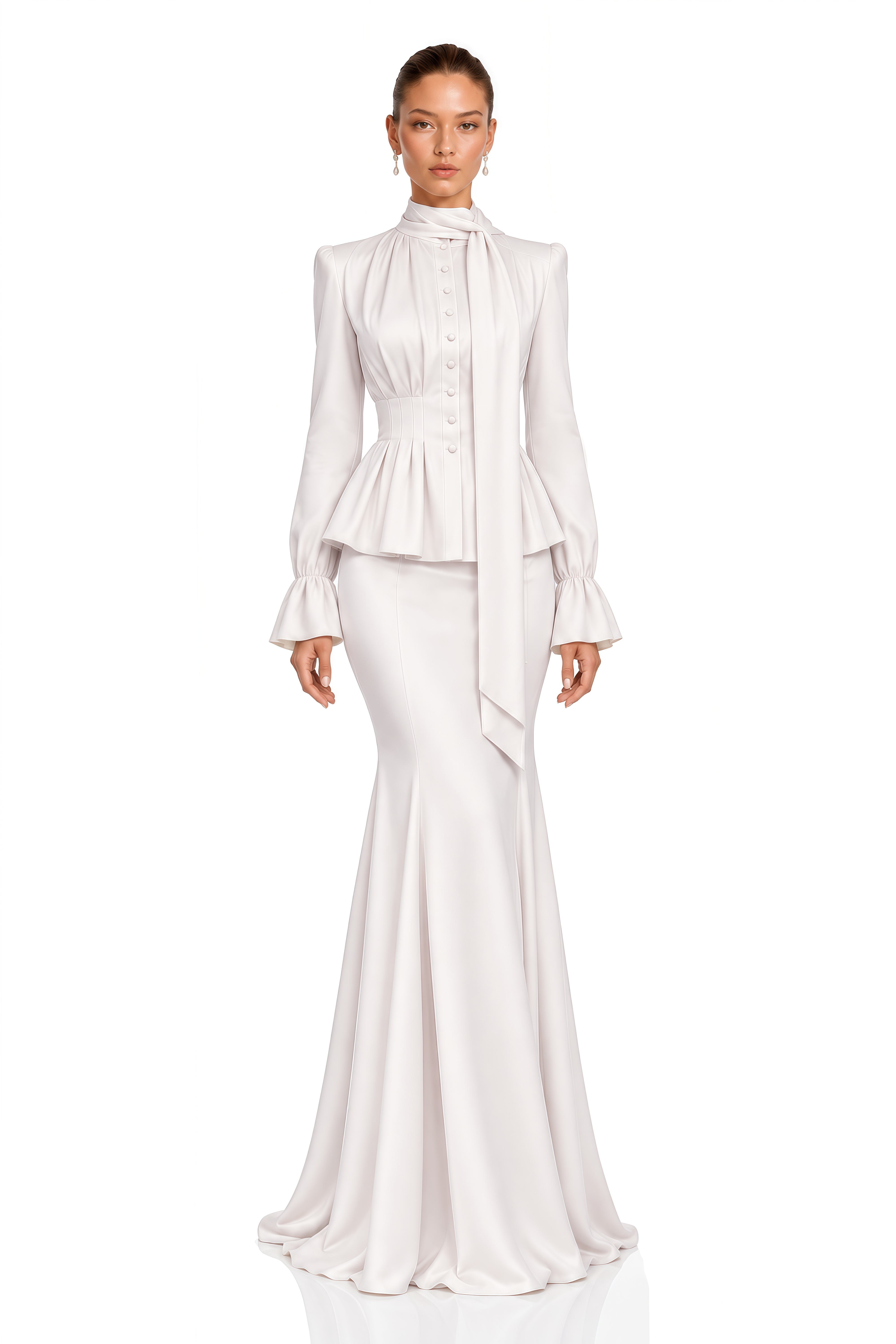 Noemi White Tie-Neck Peplum Blouse & Mermaid Skirt Set